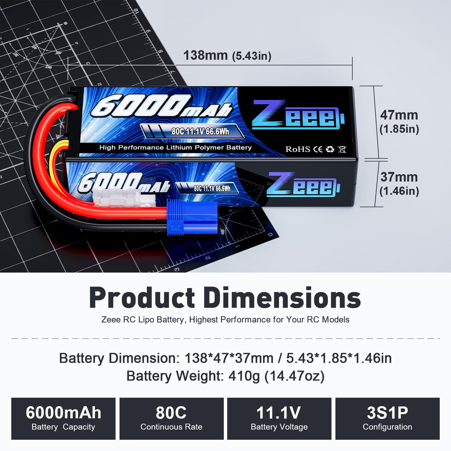 Zeee 11.1V 80C 3S 6000mAh Lipo Battery Hard Case Battery with EC5 Connector for RC 1/8 1/10 Scale Vehicles Car Trucks Boats(2 Pack)