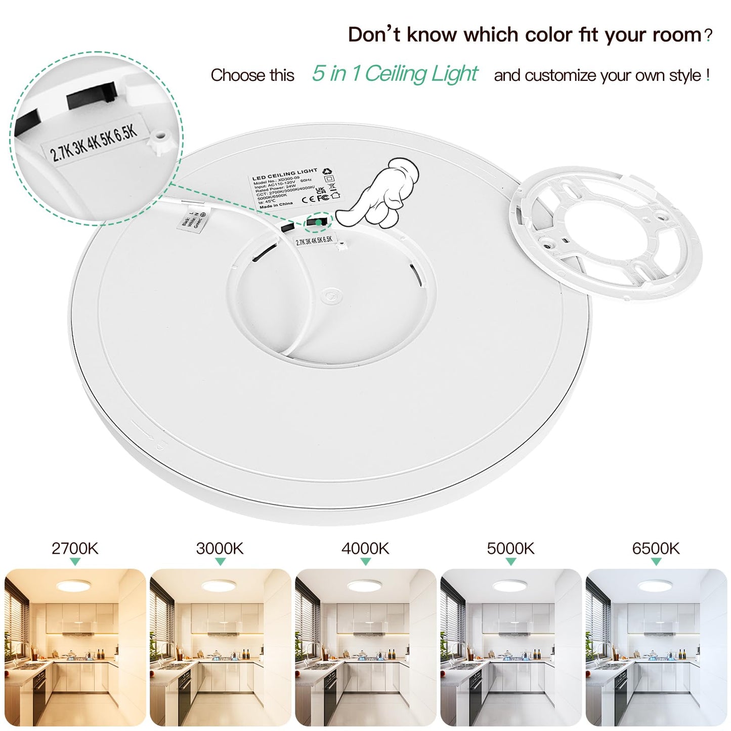 Brightever 12 Inch LED Ceiling Light Flush Mount, 24W 3200LM 0.67 Inch Thickness Close to Ceiling Light Fixtures, 2700K/3000K/4000K/5000K/6500K Color Selectable Light Fixtures Ceiling Mount, 6 Packs