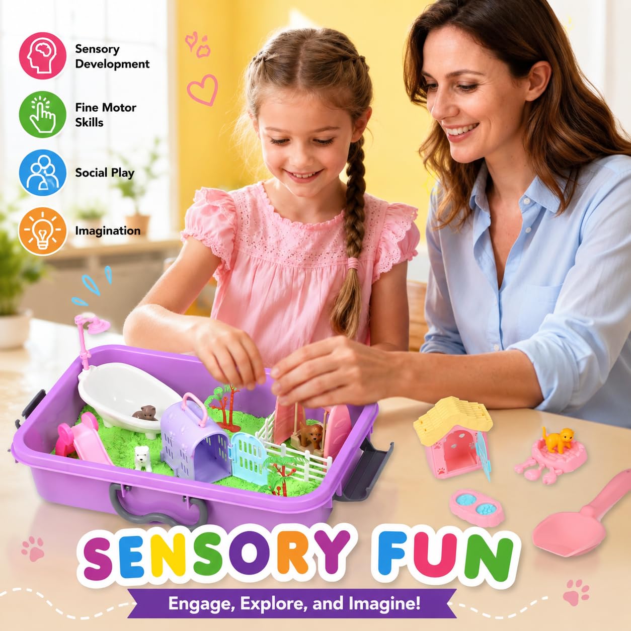 Carolart Sensory Cat Litter Box for Pets, Cat Litter Box for Kids, Cat Litter Box for Kids, Cat Litter Box with Sensory Sand, Grooming Kit