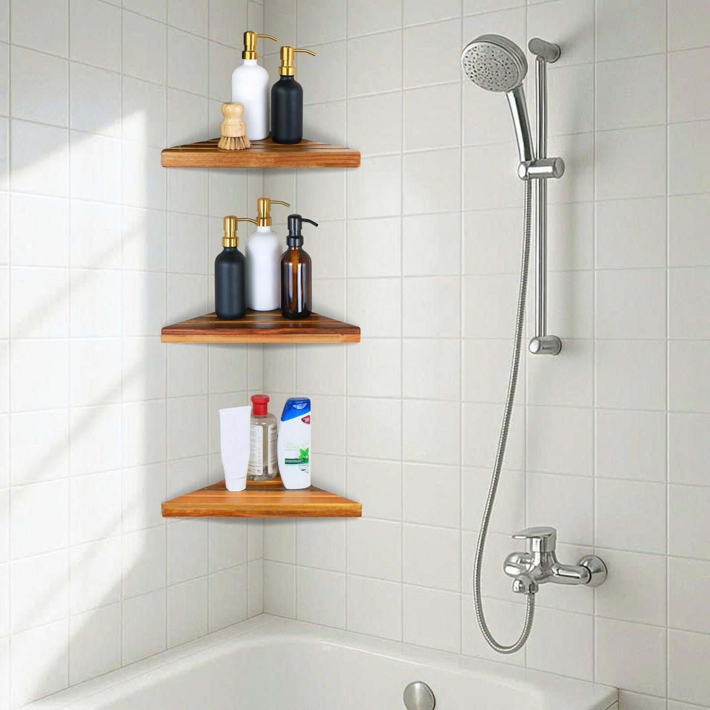 ENKEZI Acacia 2,3 Tiers Corner Shower Shelf, Triangular Corner Shelf Wooden Bathroom Shelf for Tiled Wall, Shower Corner Shelf, No Drilling Requied (3)