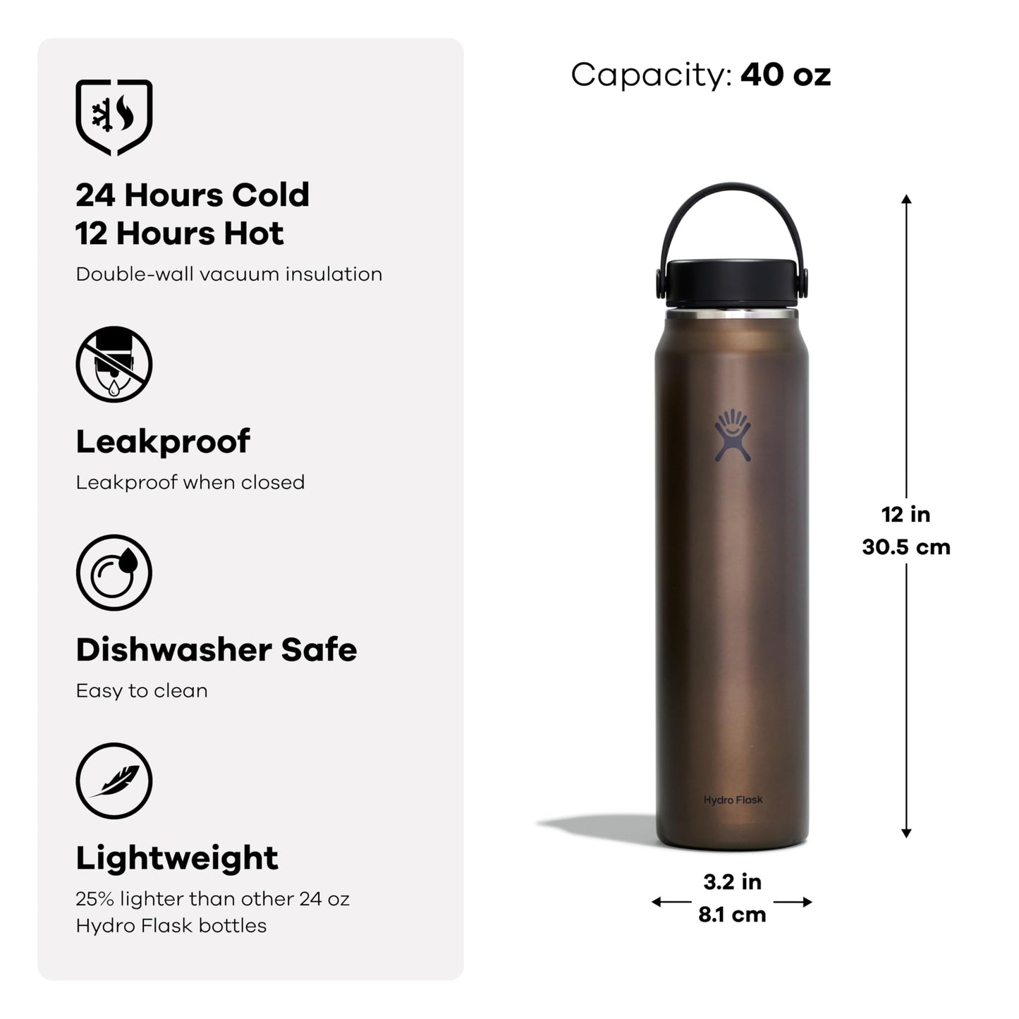 Hydro Flask 40 Oz Lightweight Trail Series Wide Flex Cap Obsidian- Hiking Water Bottle
