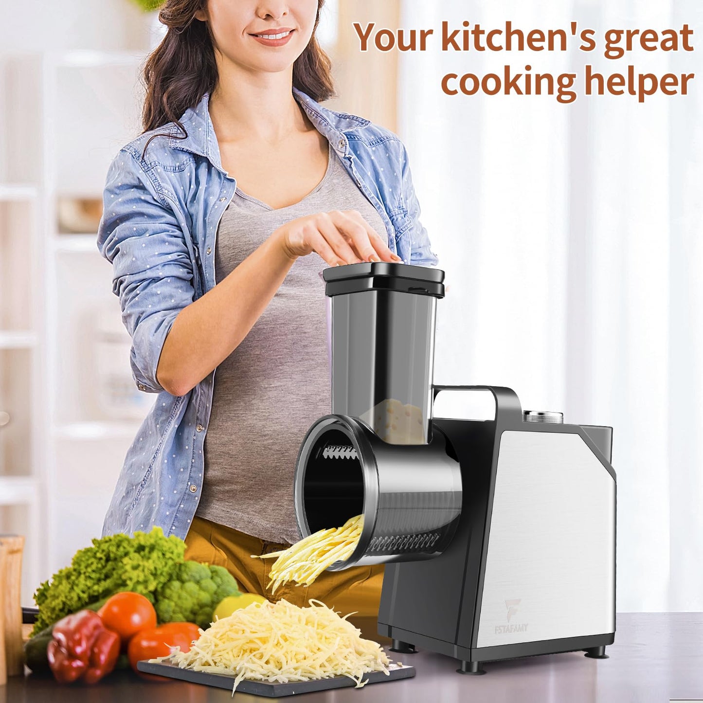 Electric Cheese Grater and Vegetable Slicer, 250W, 5-in-1 Kitchen salad chopper Food Processor with One-Touch Control