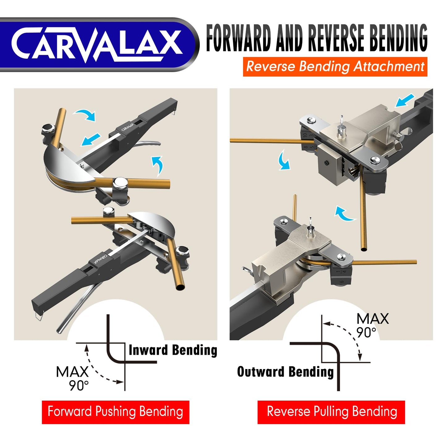 CAVALAX Aluminum Pipe Tube Bender Set with 7 Electroplated Bender Heads, for 1/4” to 7/8” O.D, 90° Ratcheting Tubing Bender w/Reverse Bending Adapters, for HVAC, Air Conditioning, and Heating Repair