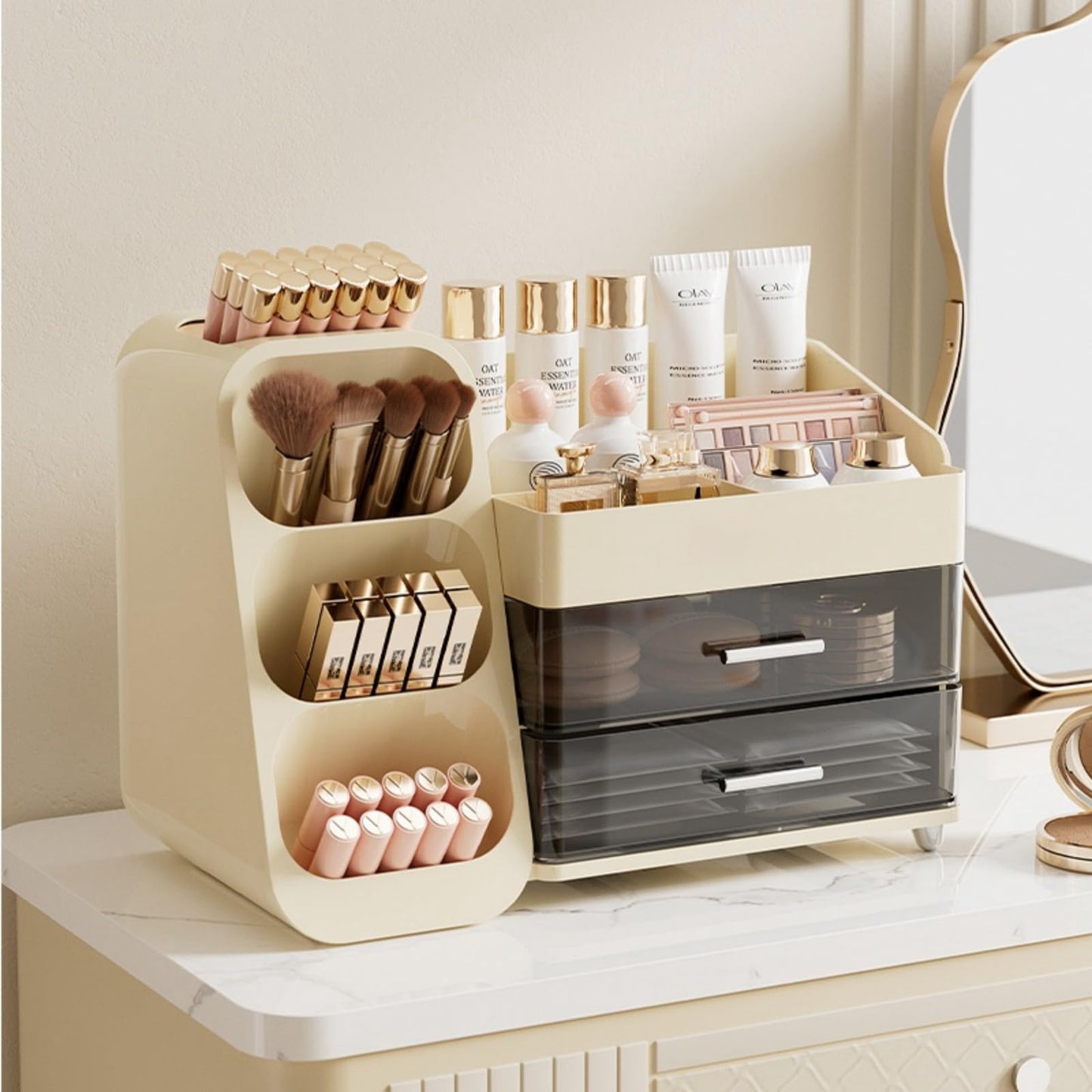 KQJS Makeup Organizer with Drawers,Large Capacity Countertop Organizer for Vanity,Bathroom and Bedroom Desk Cosmetics Organizer,Easy To Storage Skincare,Brushes, Eyeshadow, Lotions, Lipstick (Cream)