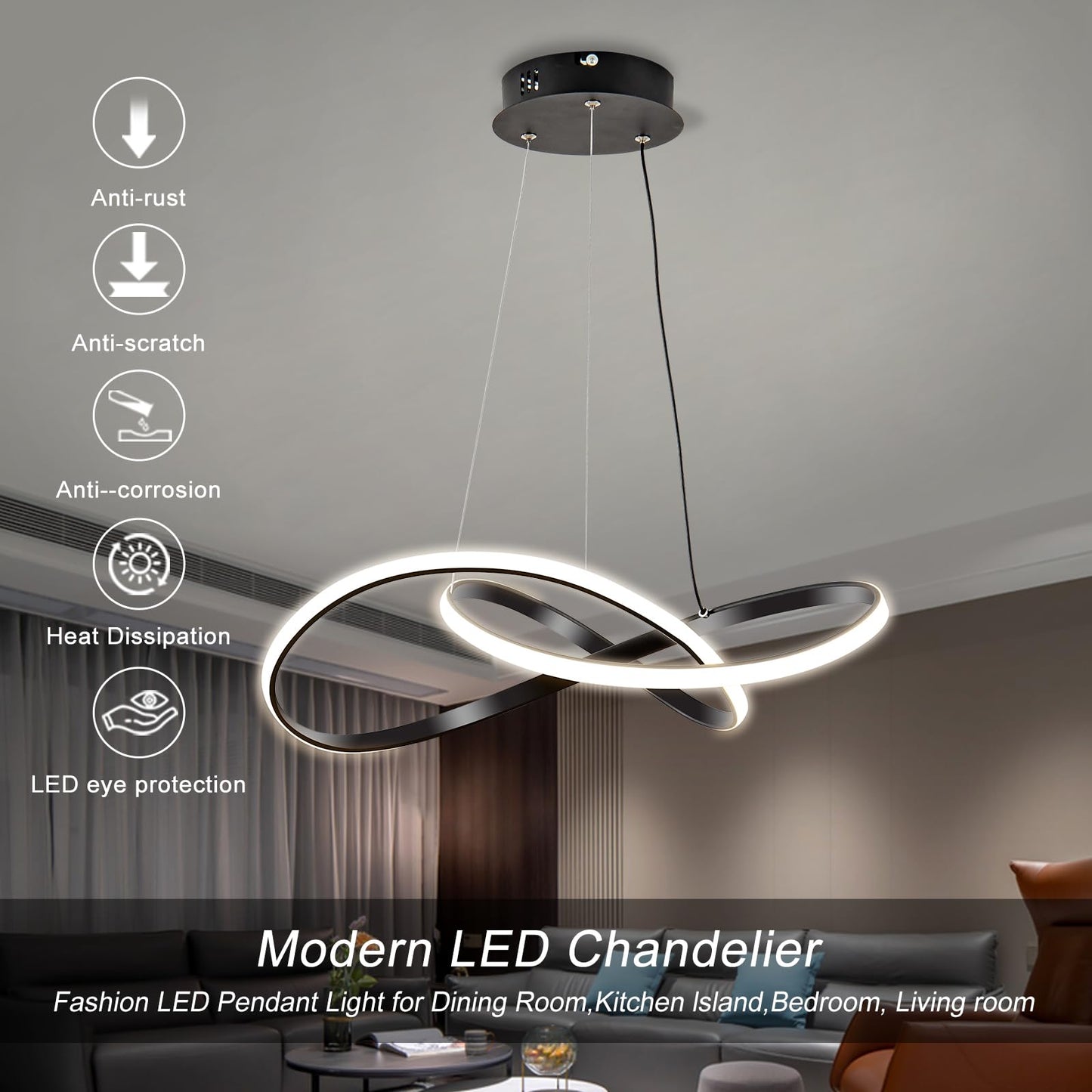 Viruhaka Modern LED Pendant Light Fixture,Black Contemporary Ceiling Hanging Fixture with Irregular Ring Lights for Dining Living Room Bedroom Kitchen Island Cafe(4000K,Neutral Light )