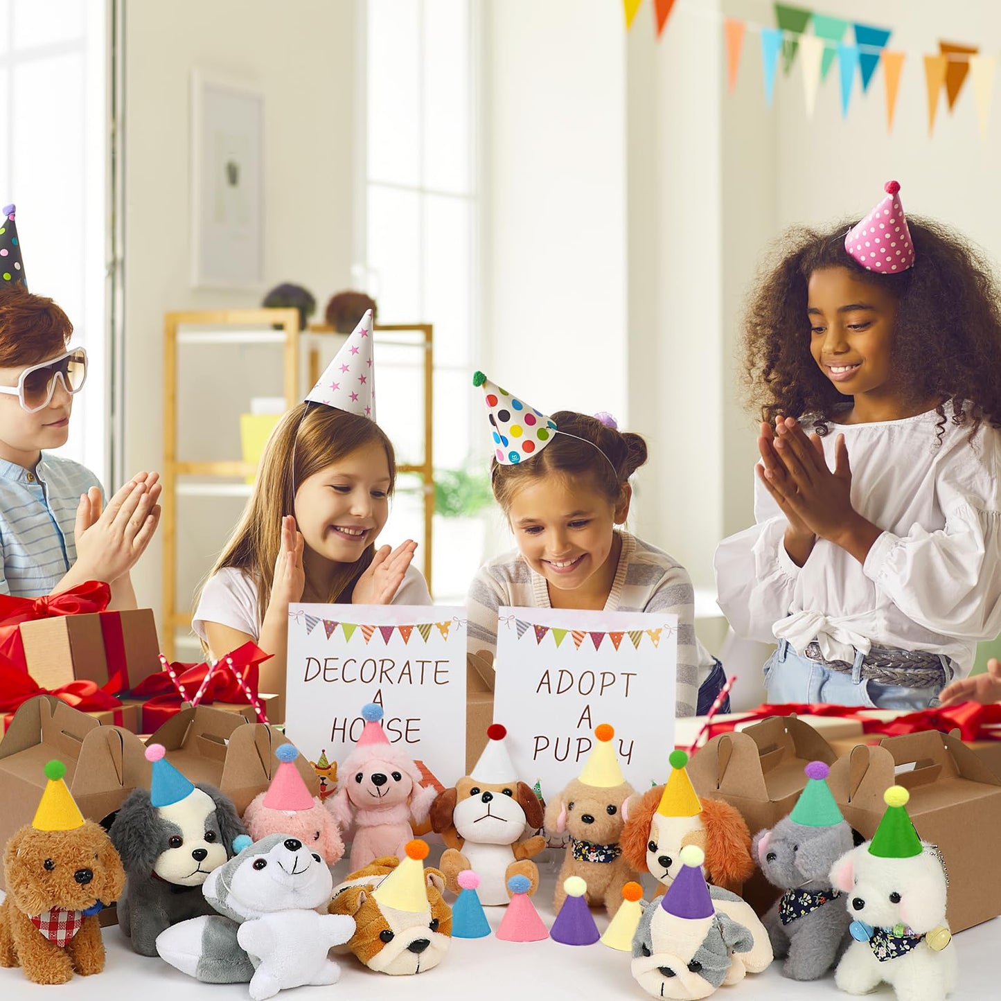 Adopt a Dog Party Favors Set - 12 PCS Plush Stuffed Puppies with Party hats include Paper House, fence, Adoption Cards, DIY Collars, House Decor and Check-up Accessories for Puppy Party Birthday