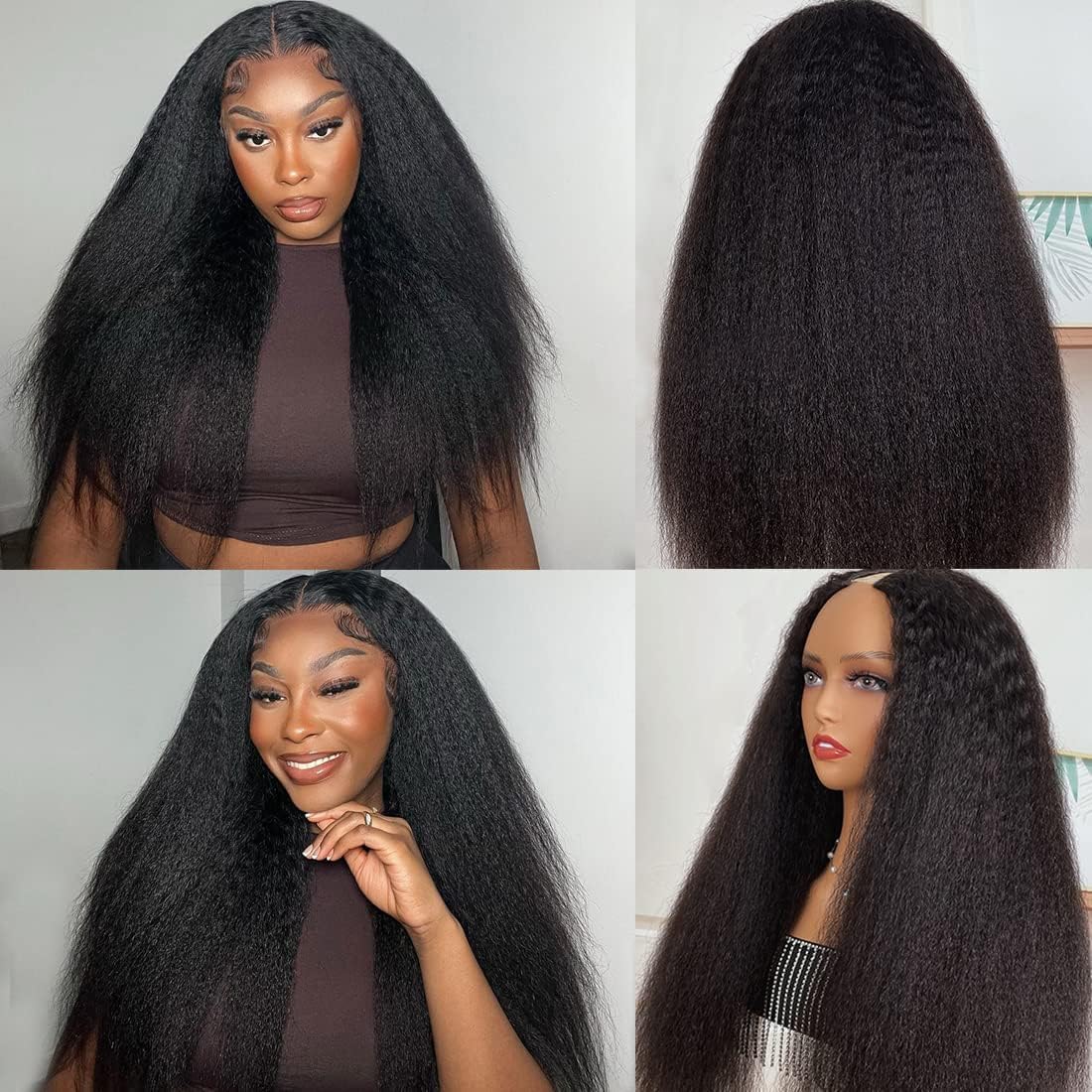 LOVFIR V Part Wig Human Hair Kinky Straight 180% Density No Leave Out V Part Wigs Upgrade U Part Human Hair Wig Yaki Straight V Part Wigs For Black Women Human Hair V Shape Wig 16 Inch