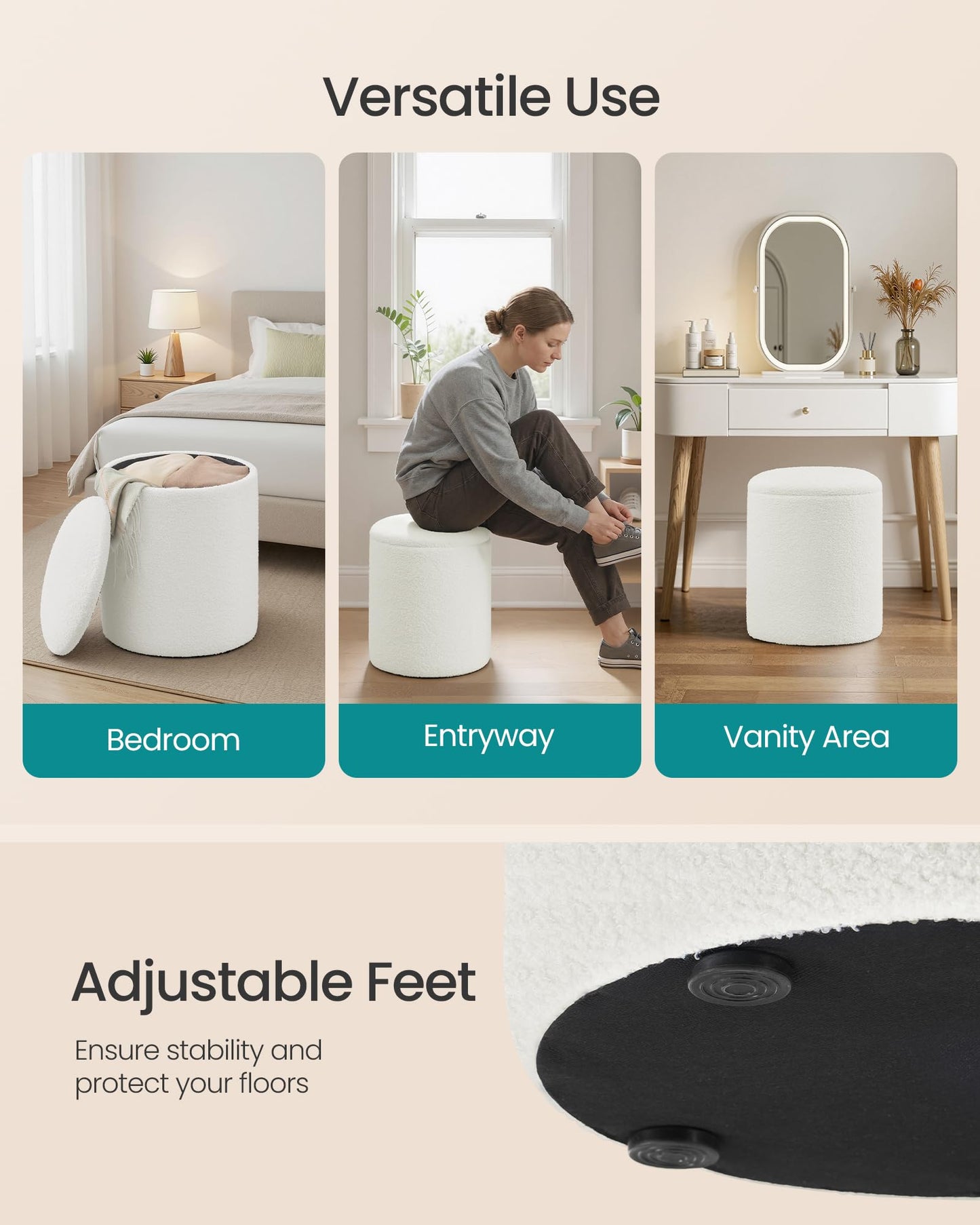 SONGMICS Vanity Stool, Set of 2, Round Storage Ottoman, Small Ottoman Coffee Table, Foot Stool, Removable Lid, for Living Room, Bedroom, Hallway, Easy Assembly, Teddy Fleece, Cream White ULOM013WD01