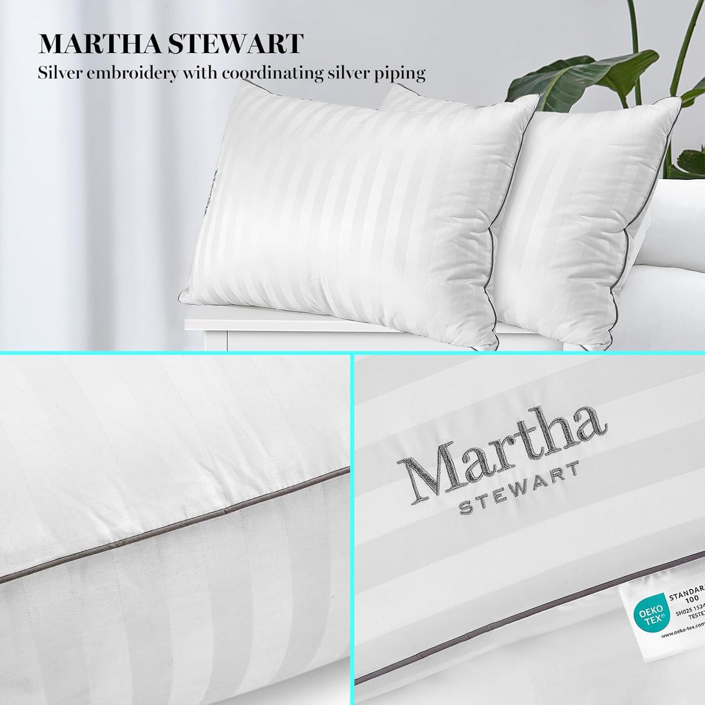 Martha Stewart Hotel Collection Pillow 500 Thread Count Damask Stripe Embroidered Feathers Soft Hypoallergenic 100% Cotton Queen Size Set of 2