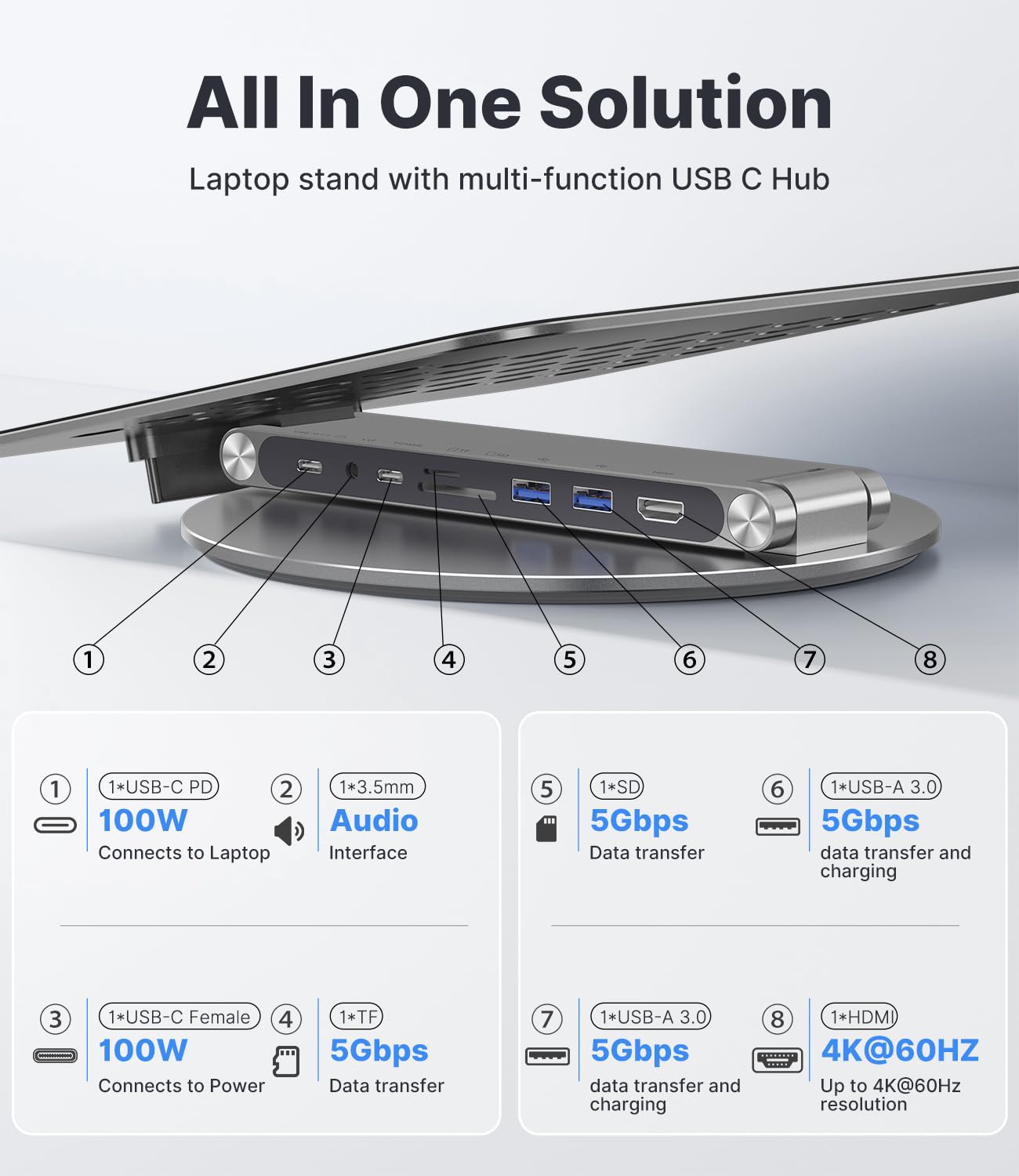 KU XIU Adjustable Laptop Stand with 8 in 1 USB C Hub, Foldable Portable Computer Notebook Stand with 360° Rotating Base, Riser Holder Mount for All 10-17" Laptops (Gray)