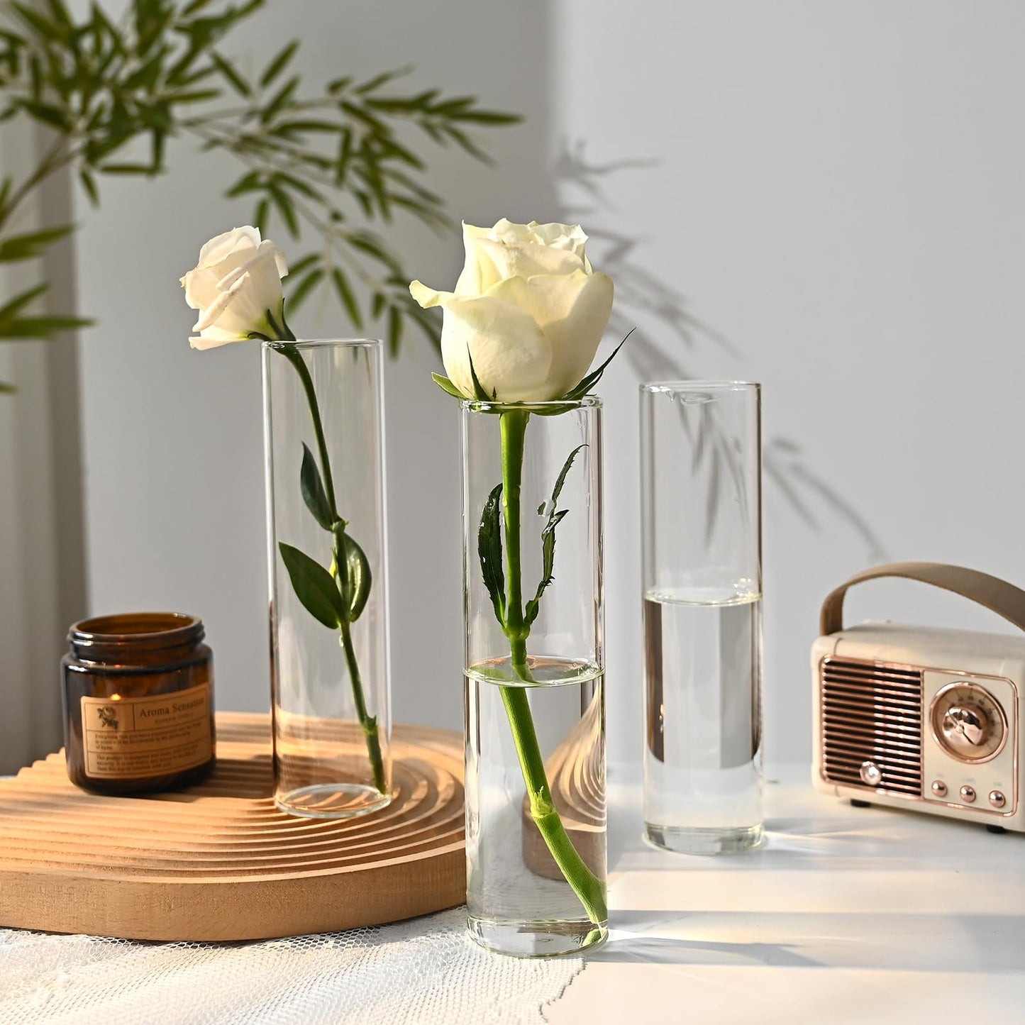 20 Pcs Glass Cylinder Bud Vases for Centerpieces, H: 7.15" x D: 1.85", Birthday Party Wedding Centerpiece Table Decorations, Home Decor, Small Cylinder Living Bud Vases in Bulk for Flowers