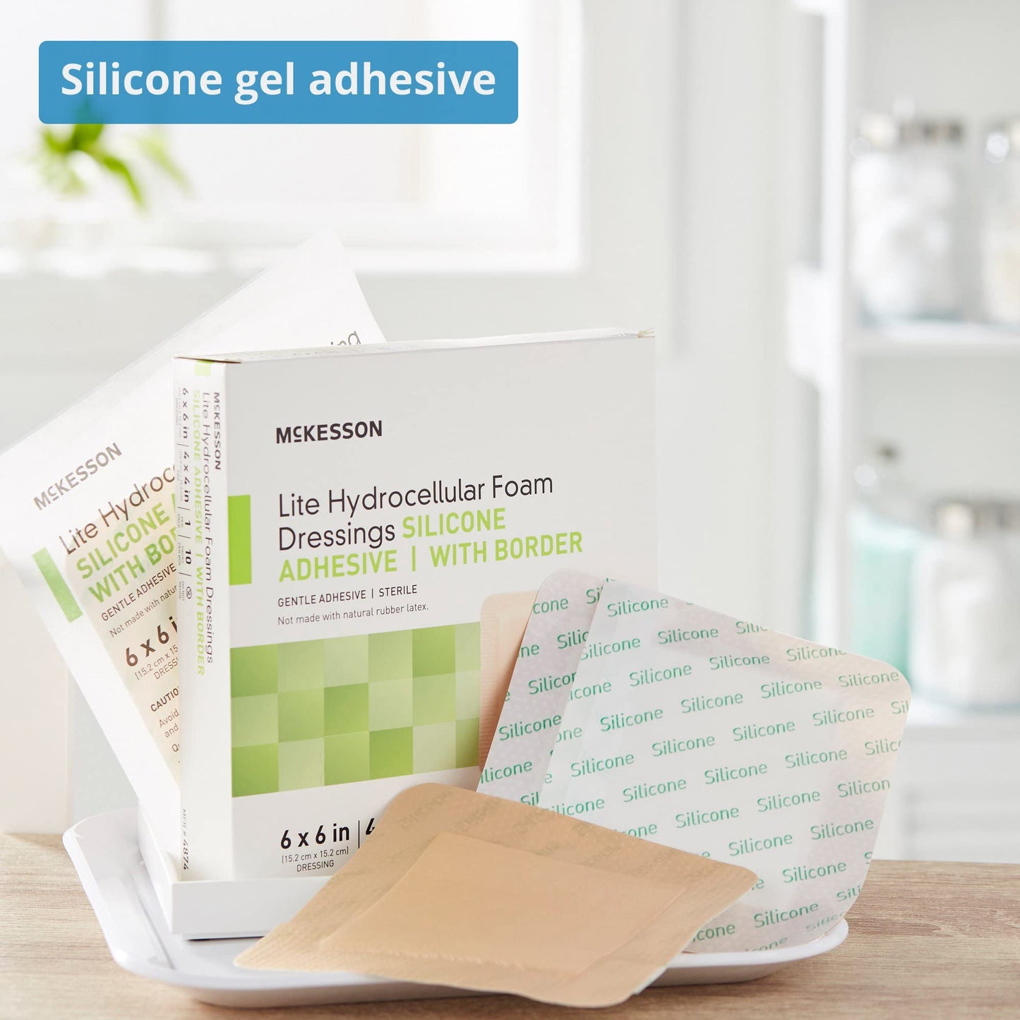McKesson Lite Hydrocellular Foam Dressings, Sterile, Silicone Adhesive with Border, 6 in x 6 in, 10 Count, 1 Pack