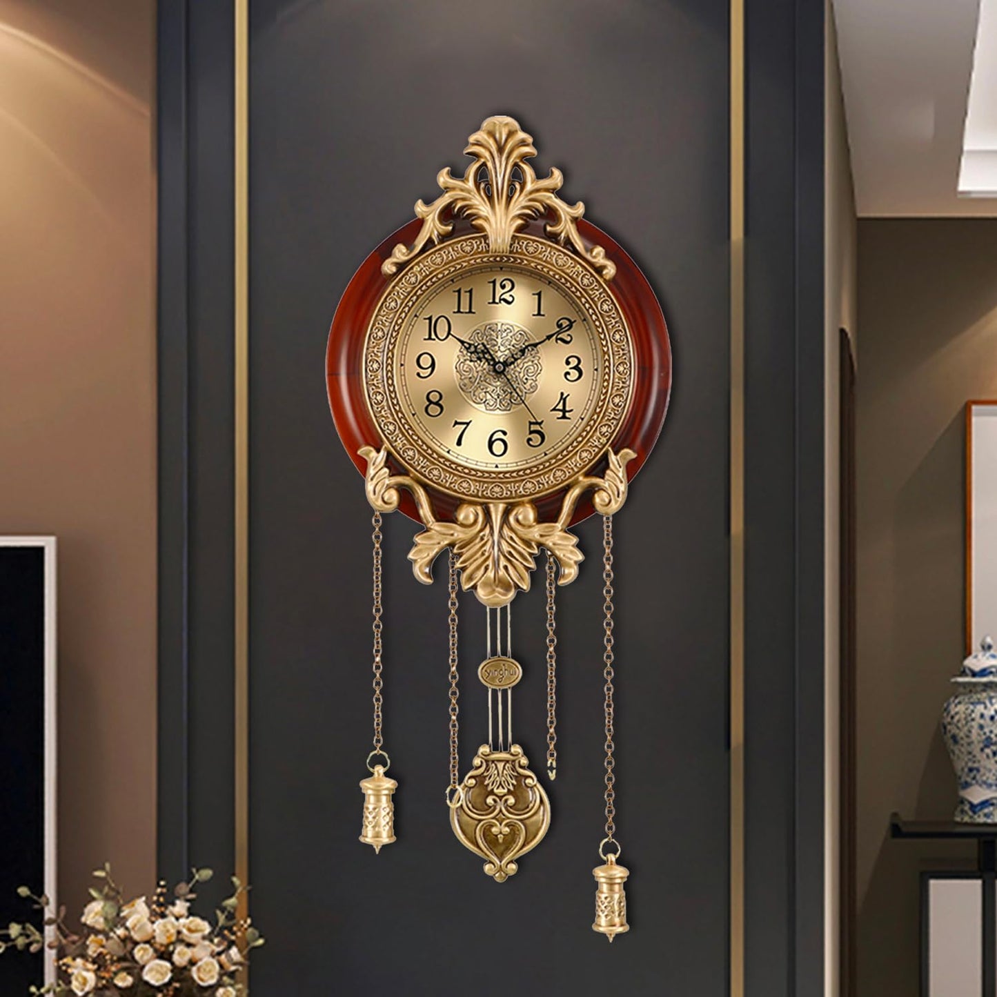 Aero Snail Brown Vintage Pendulum Wall Clock, Solid Wood Hanging Clock, Silent Non Ticking Quartz Movement, Analog Watch for Home Office Kitchen Classroom, W205BX14