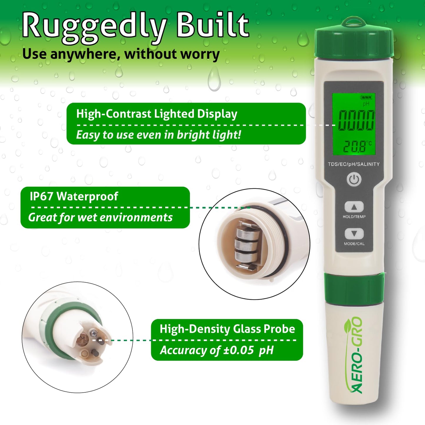 AERO-GRO Digital 5-in-1 Meter: 5 Functions: pH, TDS, EC, Salinity%, Salinity ppm, and Temp, IP67 Waterproof, Pen-Type Tester for Hydroponics, Water, Wine, Spas, Aquariums