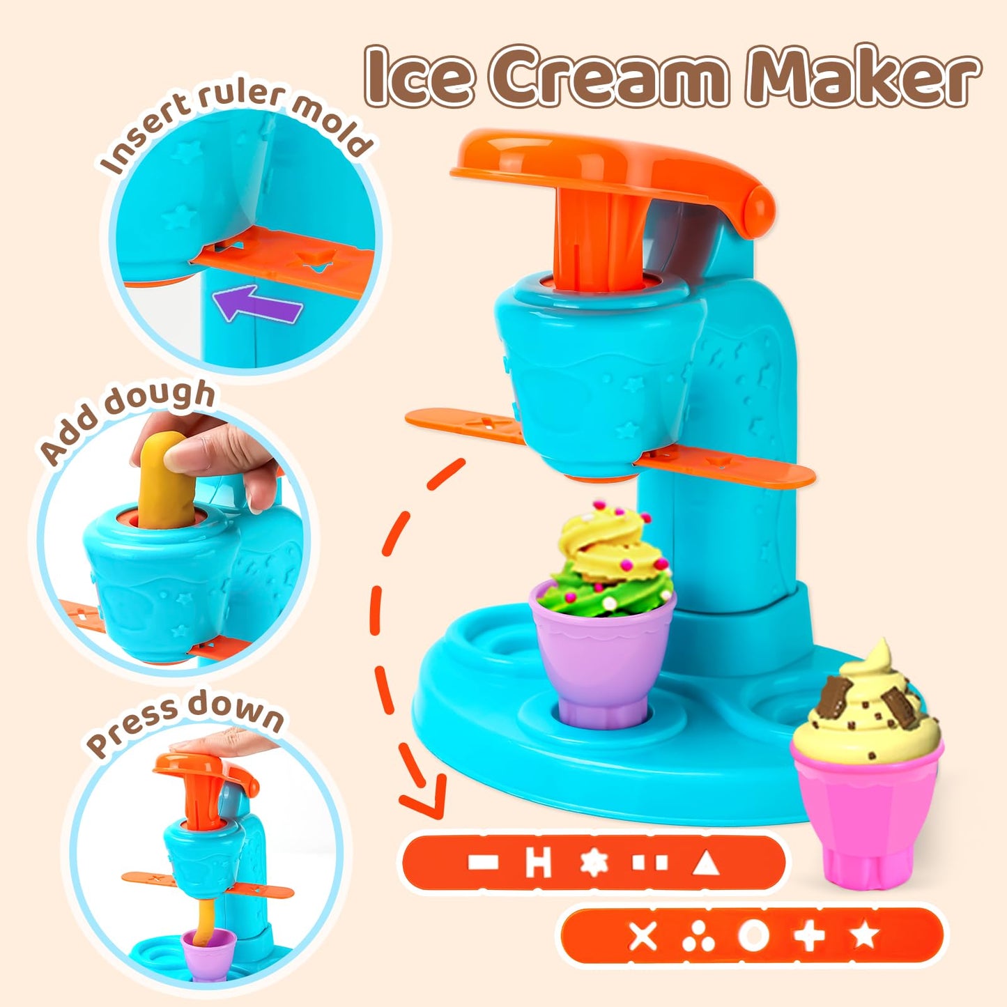 Aprilwolf 75 PCS 4 in 1 Dough Sets for Kids Ages 3-4-8, Art Crafts Dough Tools Kit, Ice Cream Playset Noodle Hamburger Maker Machine Dessert Rack, Kitchen Creations Food Play Toys Toddlers Boys Girls