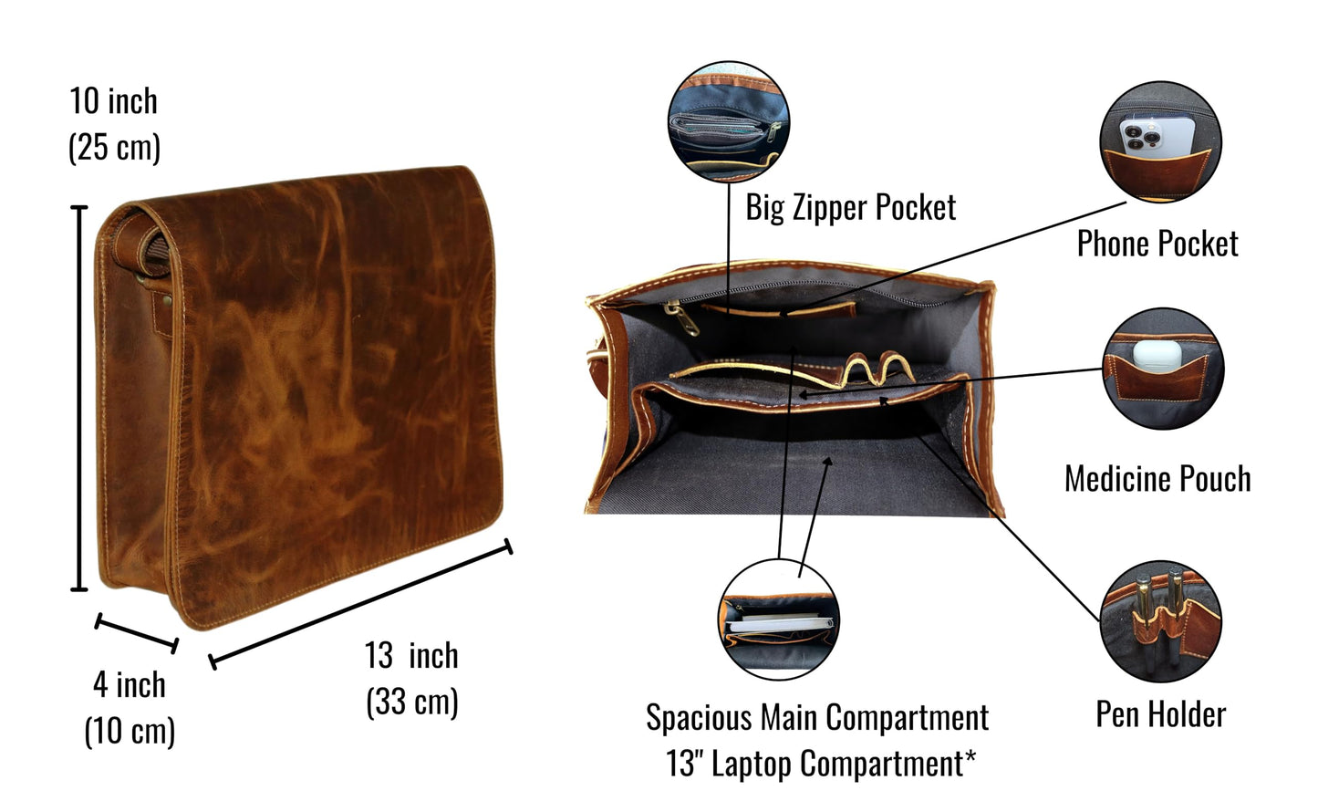 13" leather messenger bag laptop case office briefcase gift for men computer distressed shoulder bag