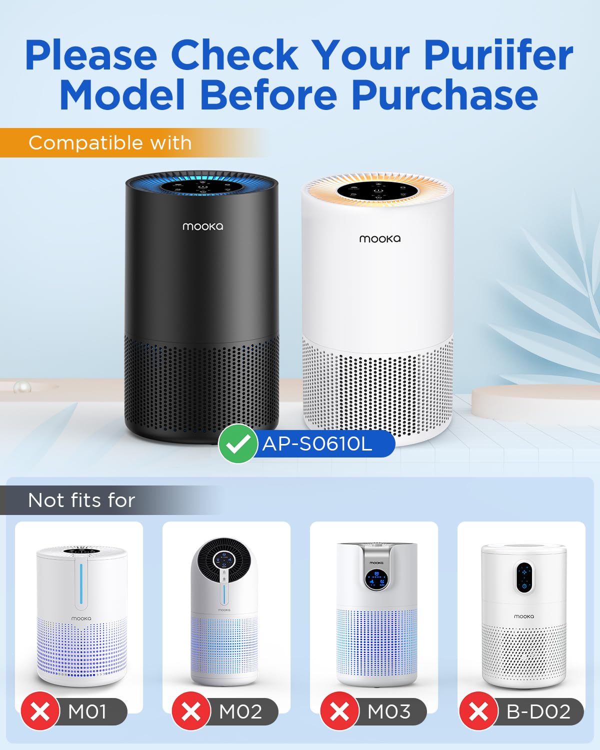 2 Pack MOOKA AP-S0610L Air Purifier Filter, 3-in-1 True HEPA Filter, High-Efficiency Activated Carbon Air Filter for Smoke, Odor, Dander, Pollen