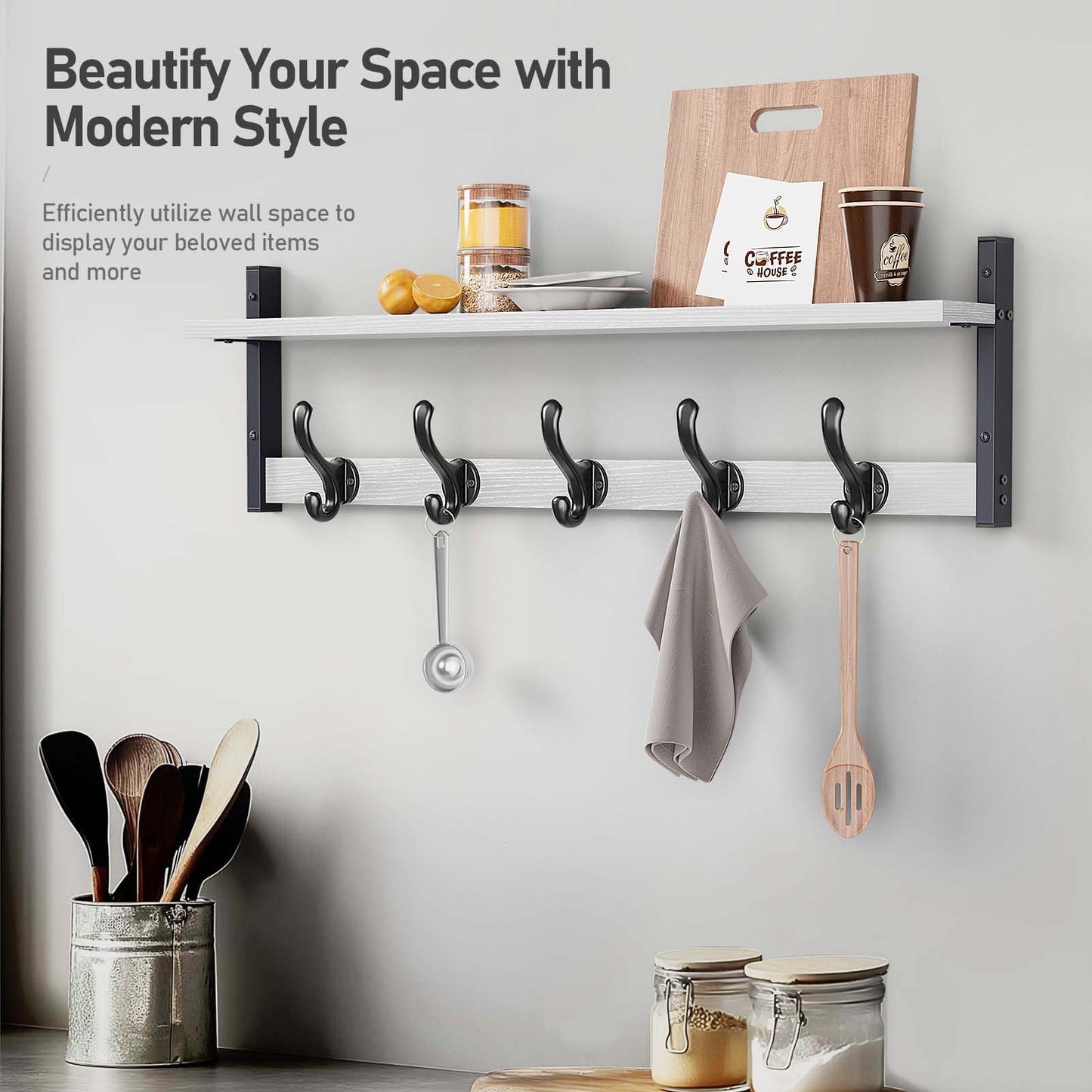 Tatub 29" Coat Rack Wall Mount with Shelf, Entryway Wall Hooks with Shelf, Coat Hangers for Bathroom, Living Room, Bedroom, Rustic White