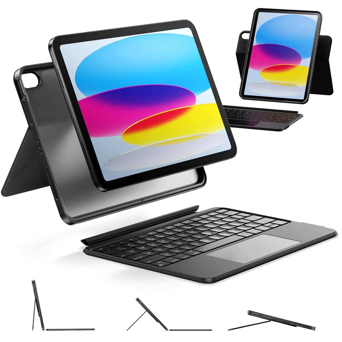 HOU iPad A16 11th/10th Generation Case with Keyboard, Rotatable & Detachable Keyboard Case for iPad 11/10, Elastic Pen Holder, Full Protection Cover, 7-Colors Backlight, Multi-Touch Trackpad
