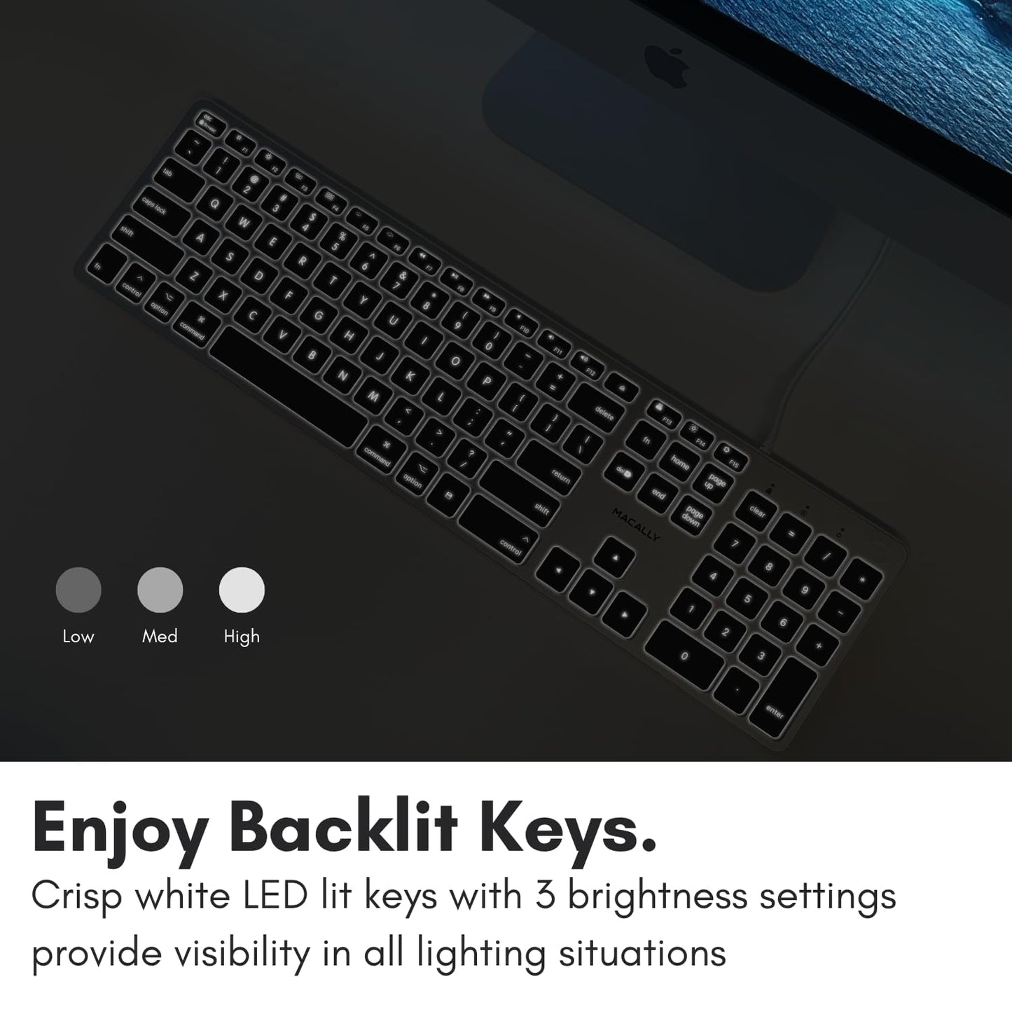 Macally Backlit Mac Keyboard Wired - Quiet, Sleek, and Functional - 3 Brightness Levels, 107 Keys - 5ft USB Wired Apple Keyboard - Backlit Wired Keyboard for Mac, iMac, MacBook Pro/Air - Space Gray