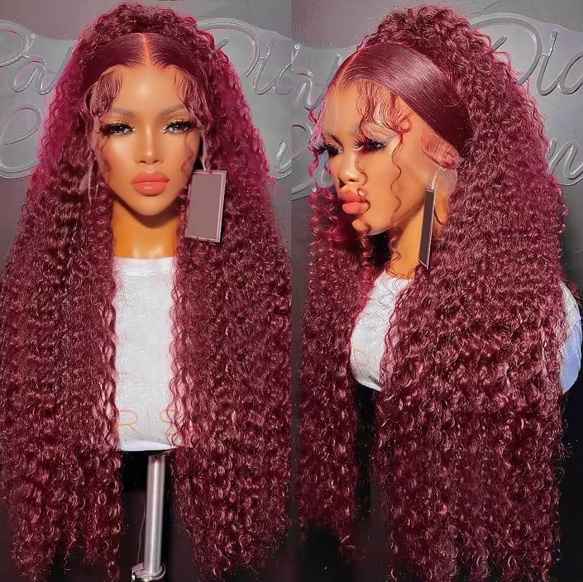 99j Burgundy 13x5 Deep Wave HD Lace Front Wigs Human Hair Pre Plucked Colored Curly Human Hair Wig Glueless Deep Curly Lace Frontal Wigs Red Human Hair Wigs for Women 180% Density (26 Inch)