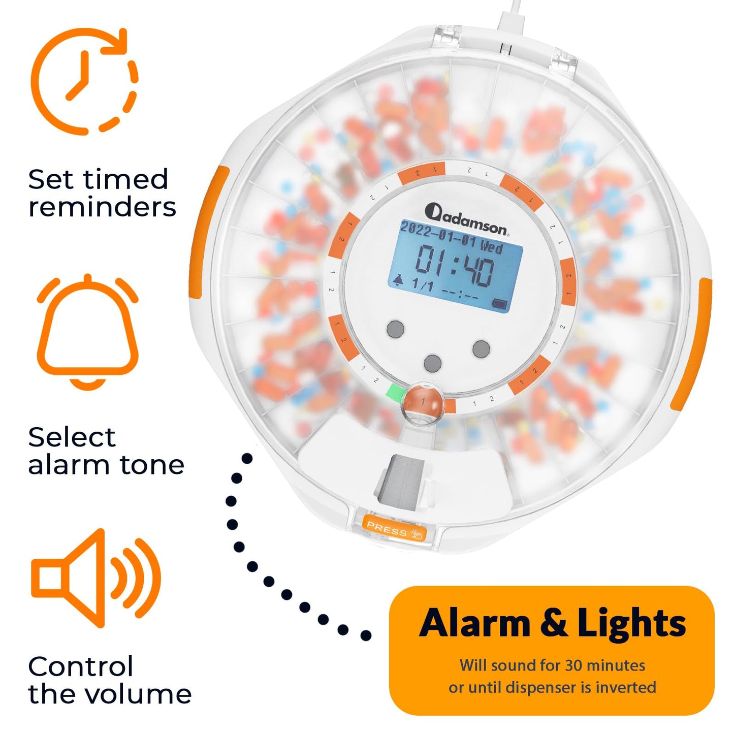 Adamson TimelyMed Smart Pill Dispenser with Alarm - WiFi App Monitoring - 28-Day Automatic Medicine Dispenser for Elderly & Alzheimer’s Care - Lock Key - New Version