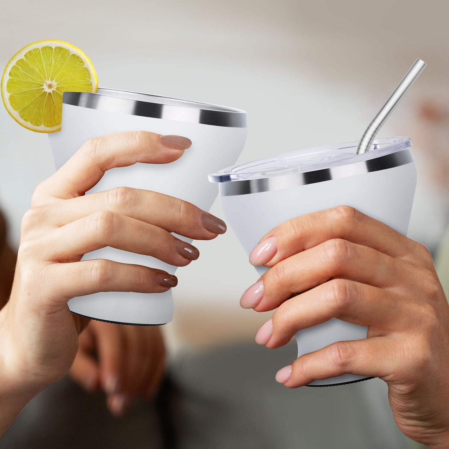 SuperCook Stainless Steel Martini Glass with Lid, Double Wall Vacuum Insulated Stemless Cocktail Glasses, Stay Icy Cold Wine Tumbler with Straw, Set of 4, 12 Oz, White