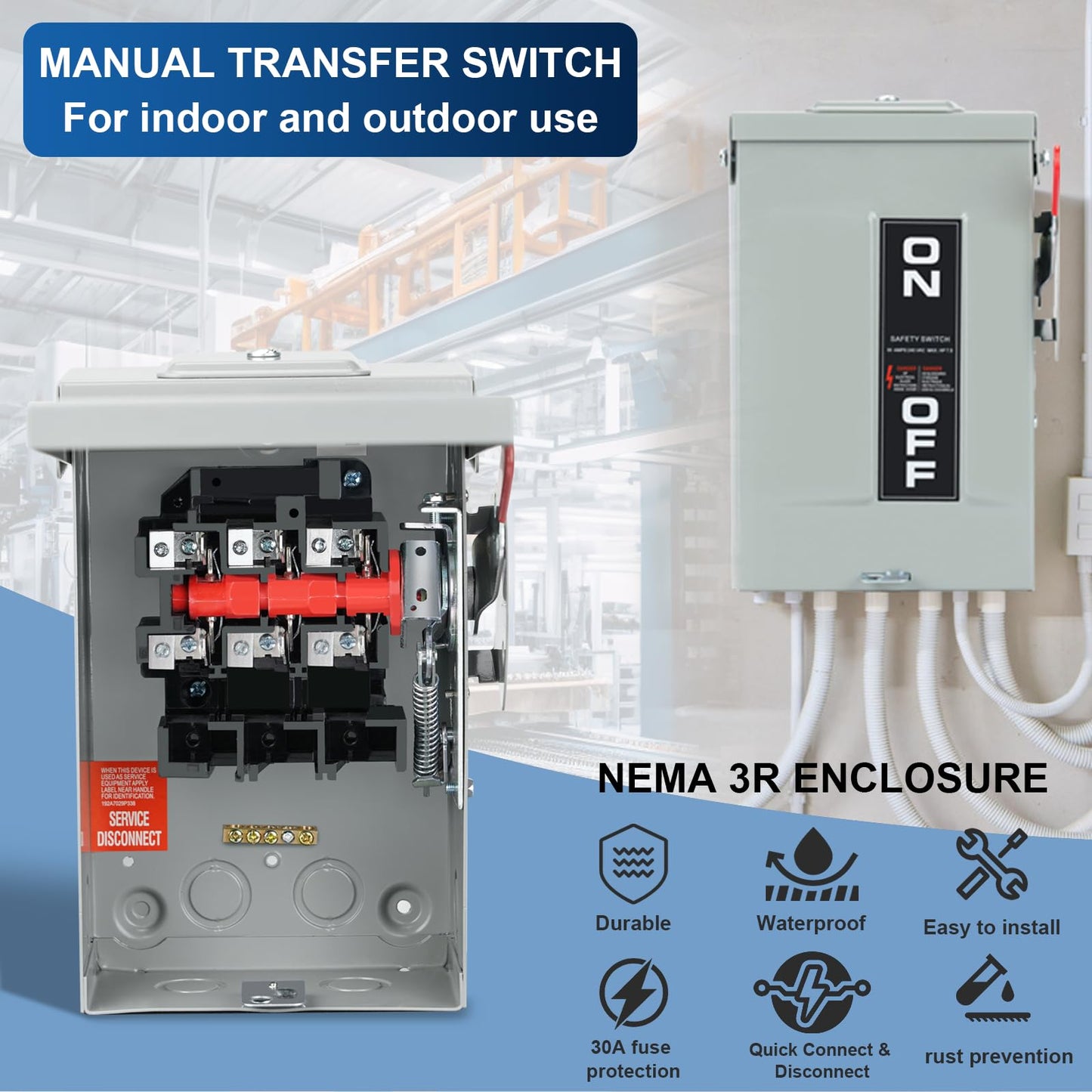 3P 30Amp 240V 3 Wire Heavy Duty Safety Switches,Ac Disconnect Switches Box,Quick Disconnect Safety Switch