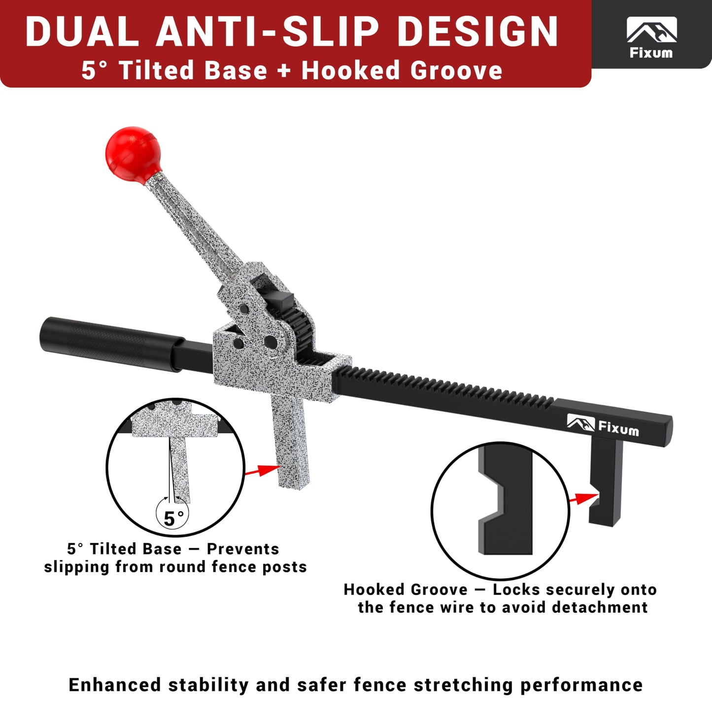 Chain Link Fence Stretcher Tool, Ratcheting Wire Fence Tightener & Puller for Woven Wire Fence, 3″–12″ Tension Range, 5° Tilted Base & Hooked Groove, One-Hand Operation for Farm & Yard