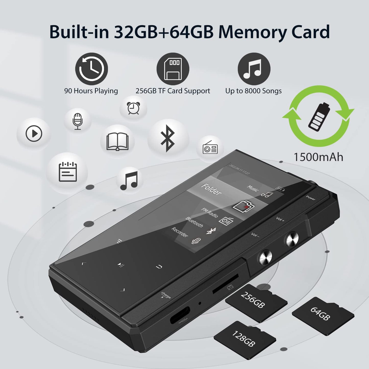 96GB MP3 Player with Bluetooth 5.0, Phinistec Z6 Digital Audio Player with Loud Speaker, 2.4'' IPS Super Battery Life Music Player with FM Radio, E-Book, Music Alarm Support up to 256GB