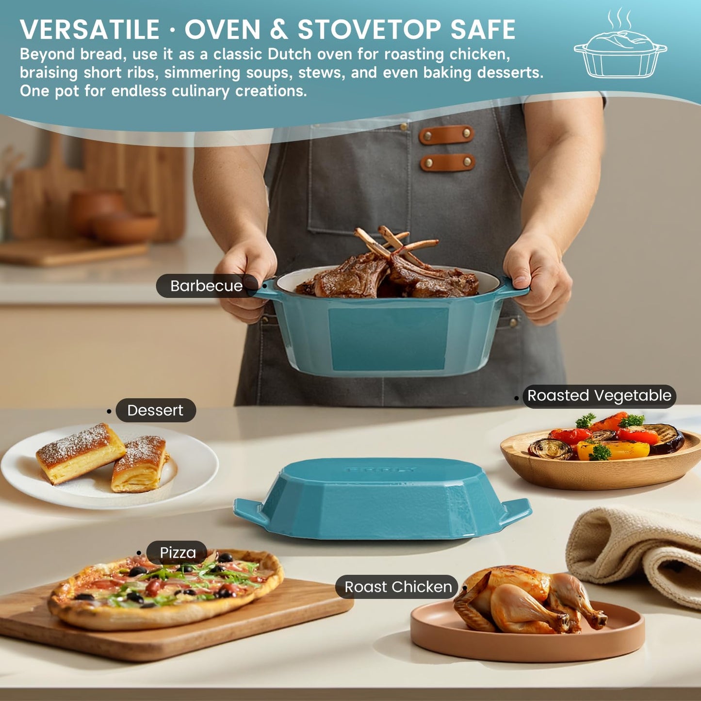 Enameled Cast Iron Sourdough Bread Oven – Dutch Oven for Sourdough, Oval Cast Iron Bread Pan with Lid,Loaf Cast Iron Dutch Oven for Baking (3.3QT-Blue)