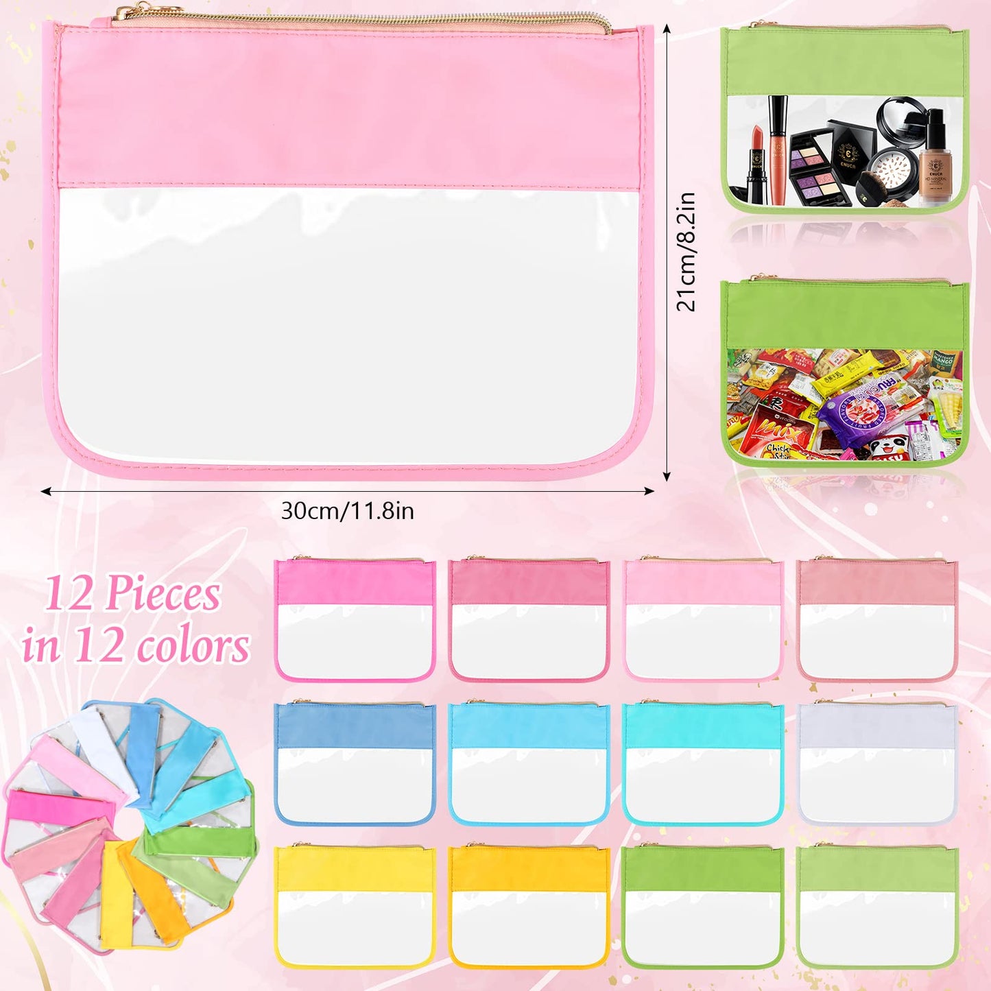 12 Pieces Clear Zipper Pouch for Travel Nylon Makeup Bag Waterproof Snack Stuff Pouches Cute Purse Cosmetic Bags for Women Girls Gifts