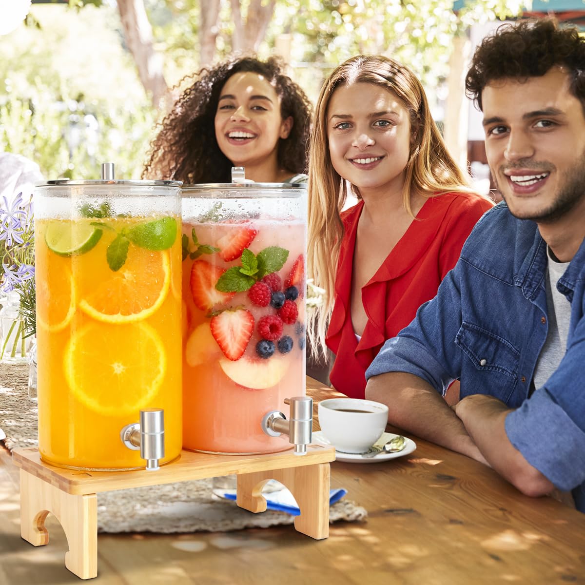 2 Pack 1.5 Gallon Drink dispenser with Stand,Glass Beverage Dispenser With Wood Stand, 18/8 Stainless Steel Spigot and Labels Large Water Drink Dispensers for Parties, Lemonade,Juice, Tea