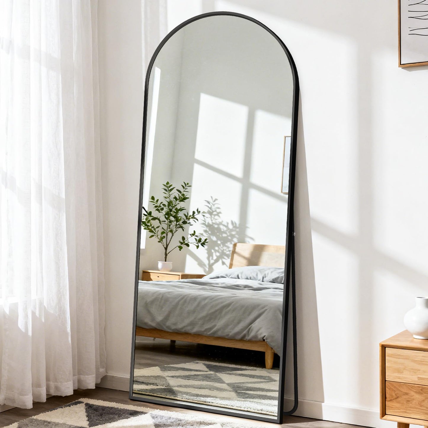 DUMOS 64"x21" Arched Full Length Mirror with Stand, Floor Body Mirror Shatter-proorf Nano Glass with Aluminum Frame, Free Standing or Hanging Leaning Modern Simple Home Decor, Black