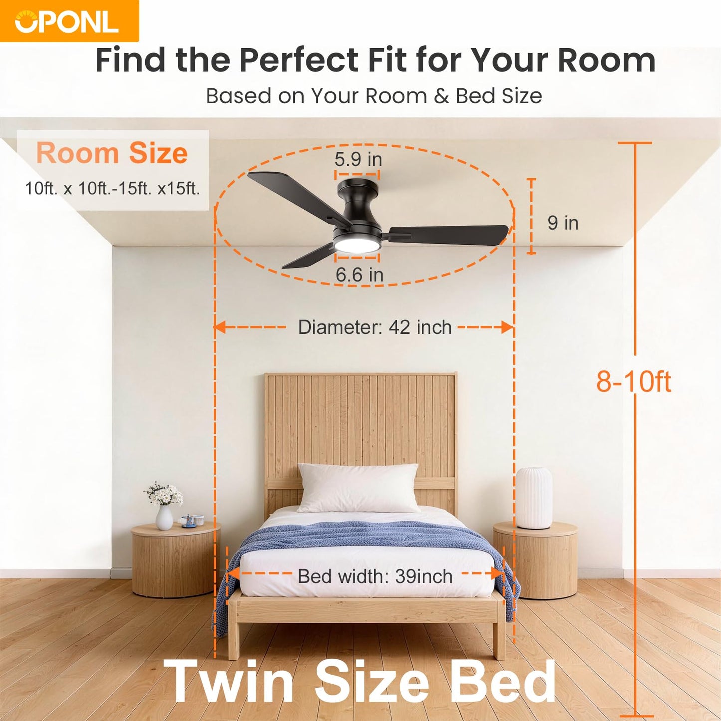 OPONL 42 Inch Black Ceiling Fan with Light, Remote Control, Noiseless, Reversible, 6CCT, Dimmable, Timeable, Metal Housing, Flush Mount Ceiling Fans with Lights for Bedroom, Indoor/Outdoor Use