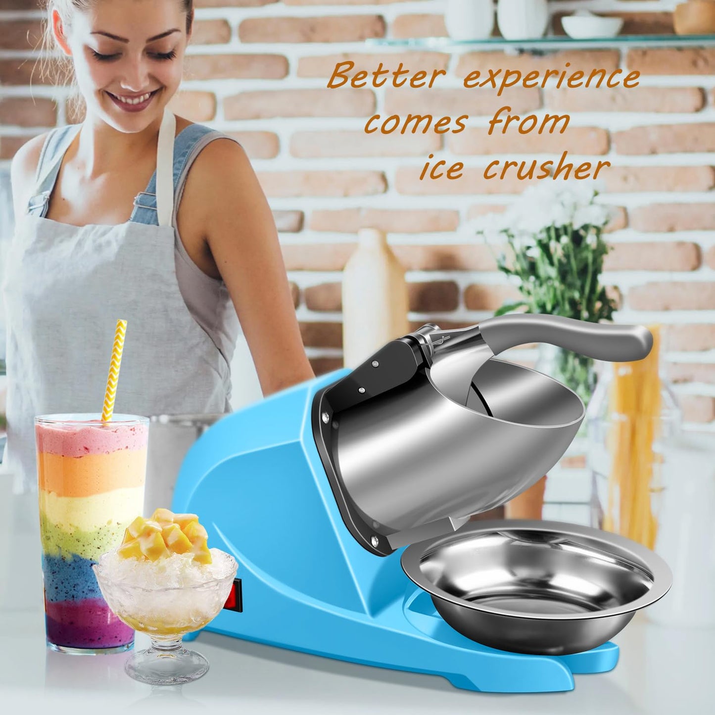 INSELY 4-Blades Electric Ice Shaver Machine, 200lbs/hr Ice Crusher with Ice Tray for Home and Commercial Use (Blue)