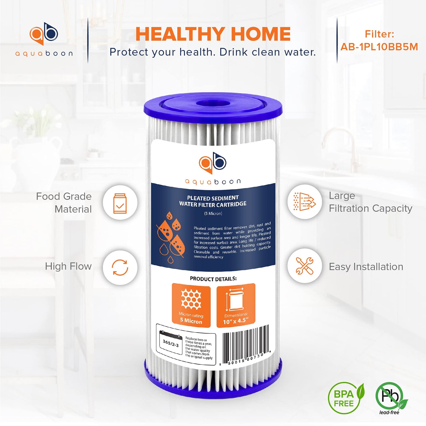 Aquaboon 5 Micron Pleated Sediment Water Filter 10 x 4.5 Cartridge - Whole House Water Filter Replacement - Whole House Water Filters Cartridges Compatible with Well Filters FXHSC, R50-BBSA, 10-Pack