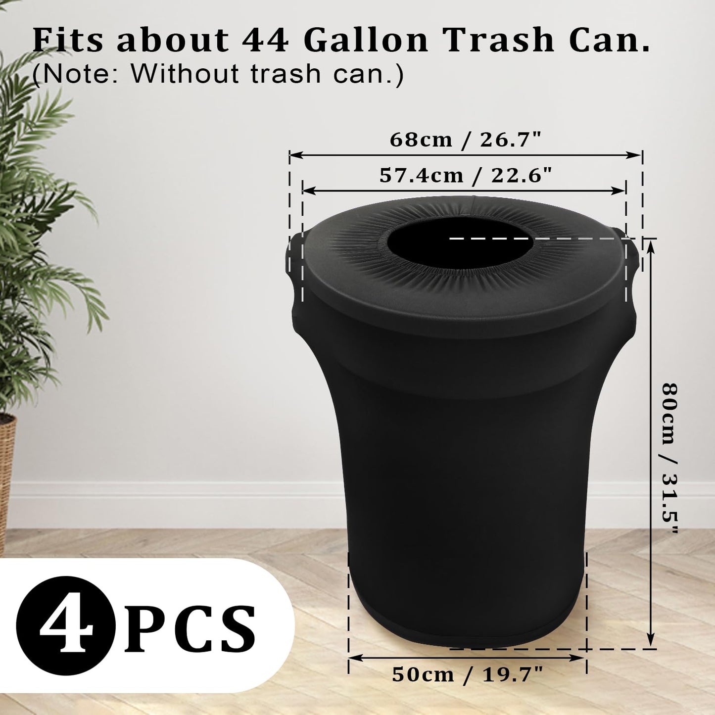 BSTKEY 44 Gallon Stretch Spandex Trash Can Cover, 4 Pack Outdoor Fitted Waste Container Cover Round Garbage Can Covers for Wedding Party Commercial Fundraiser Decor, Without Trash Can (Black)