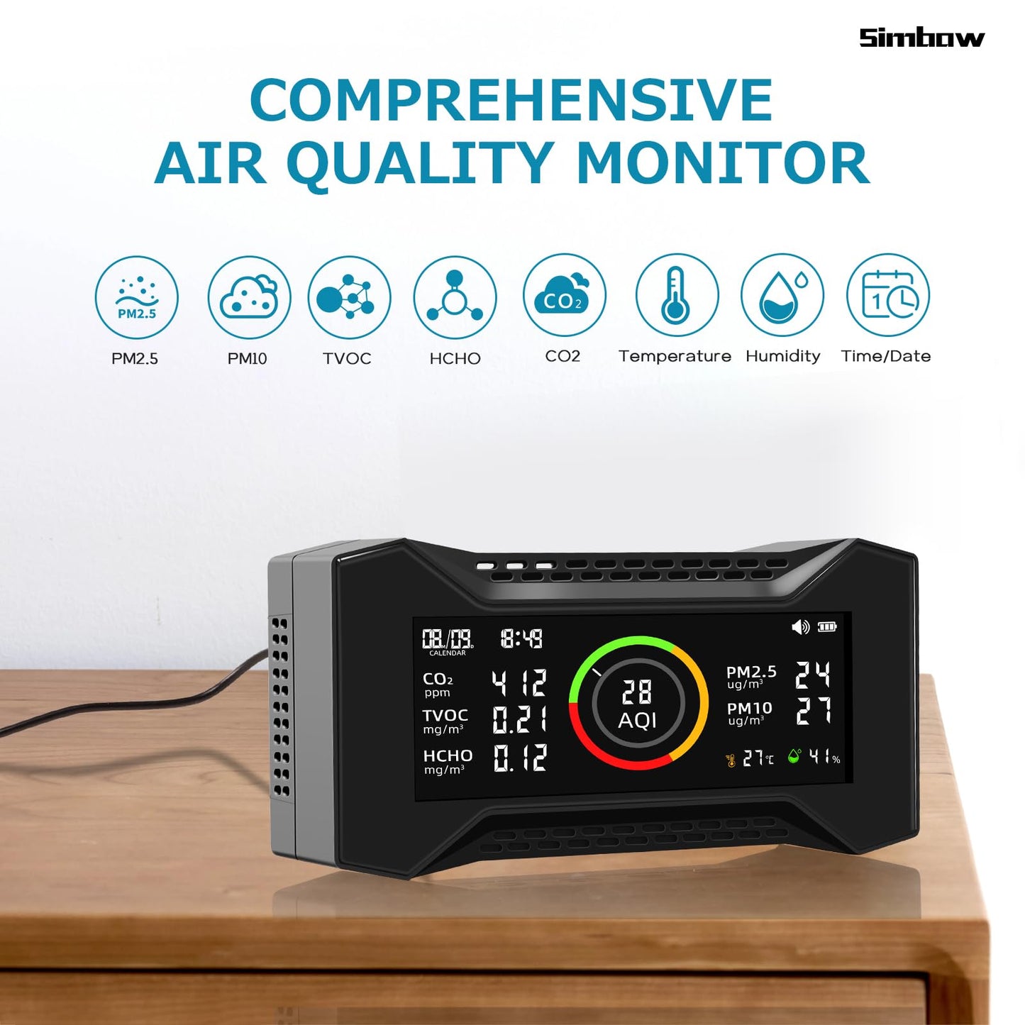 Air Quality Monitor Indoor, Simbow CF-20 DL 7-in-1 Wildfire Monitor Detect (PM2.5, PM10, CO2, VOC, Formaldehyde, Humidity, Temp) Free Data Export, Air Quality Meter for Home Office School