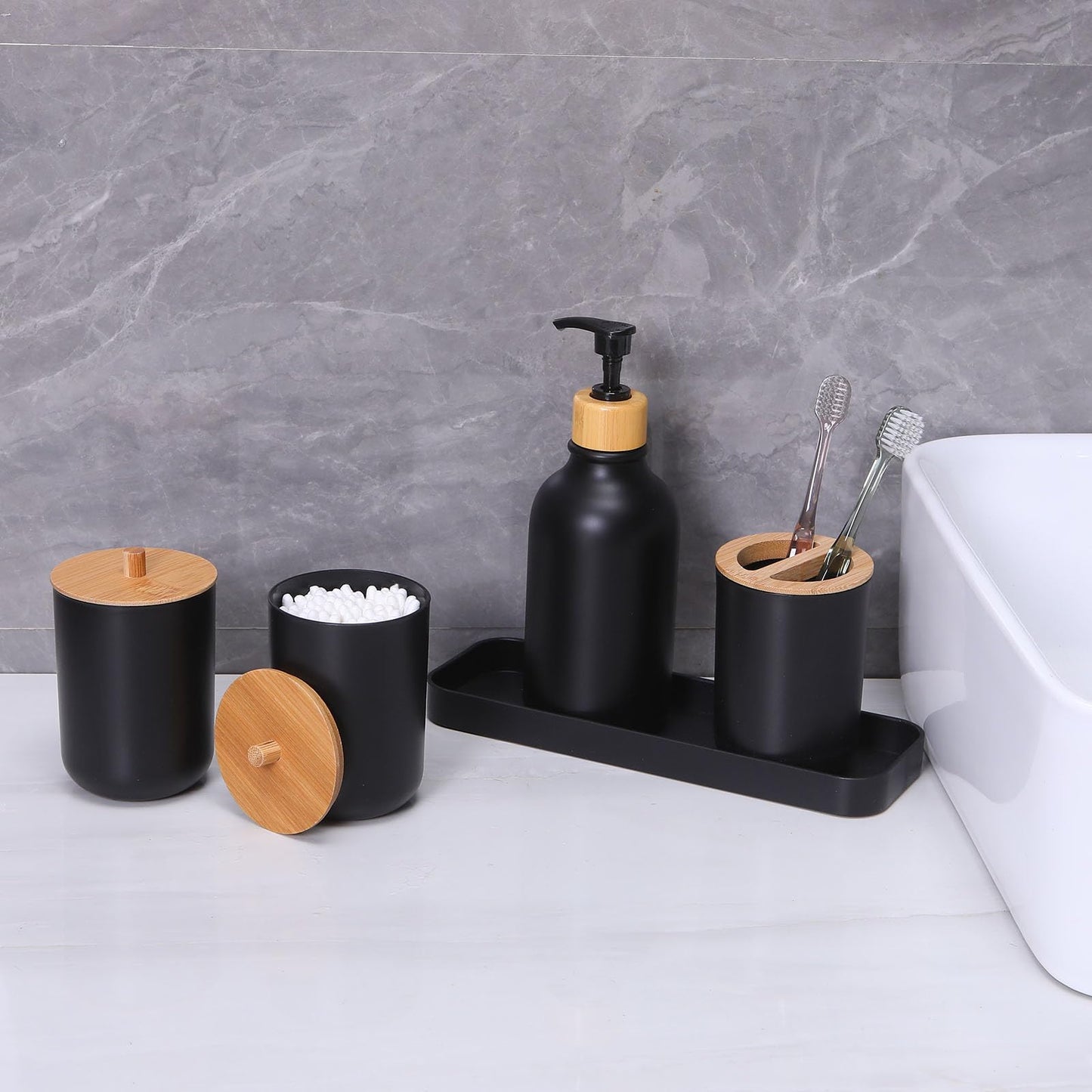FNGJMJG Matte Black Bathroom Accessories Set 9PCS,Bamboo Bathroom Accessories Sets Complete with Trash Can,Soap Dispenser and Toothbrush Holder Set,Toilet Brush,Qtip Holder,Vanity Tray,Soap Dish