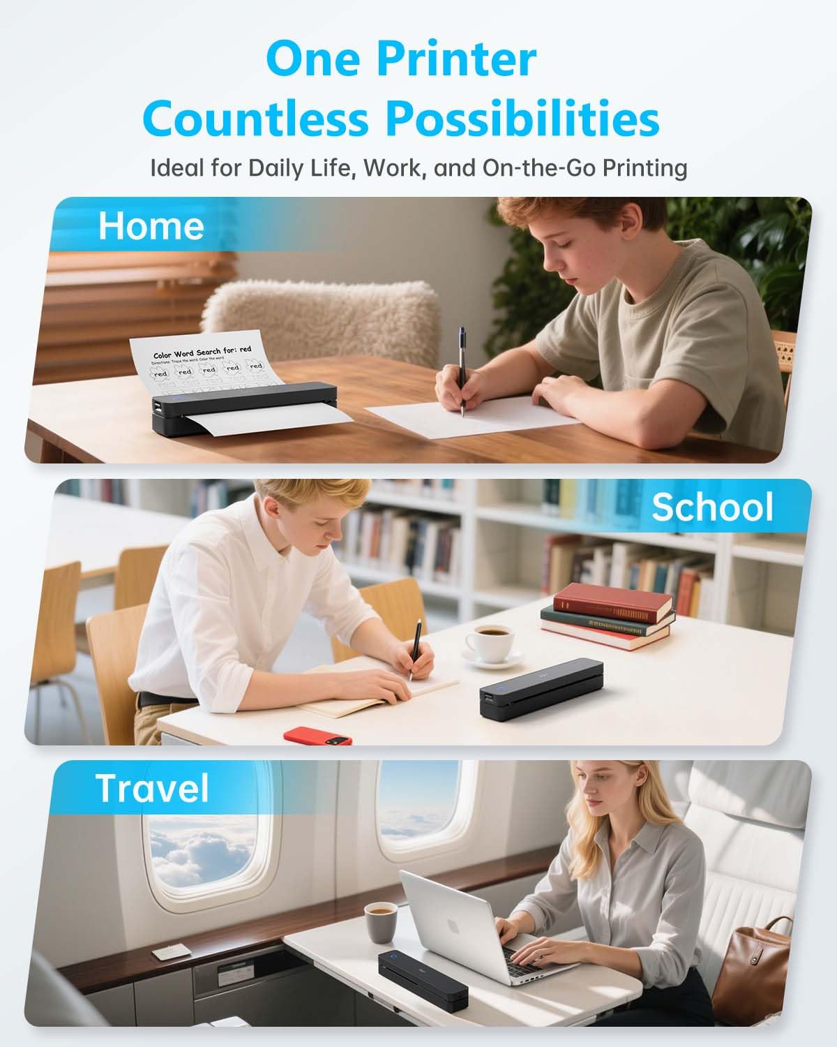 PRT Inkless Portable Printer for Travel, Wireless Thermal Printer Support 8.5 x 11 US Letter A4 B5, Bluetooth Mobile Printers for Laptop, iPhone, Android for Home, Car, Office, School, MT610 Black