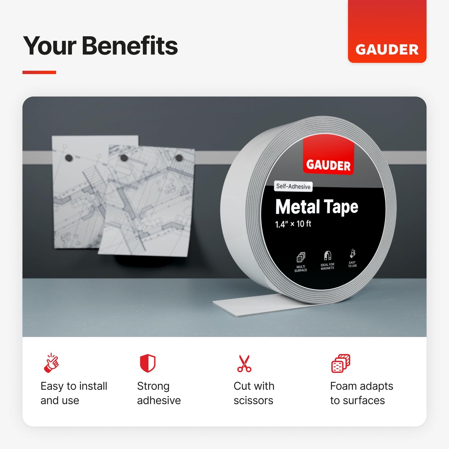 GAUDER Self-Adhesive Metal Tape - Ideal for Tonie Figures & Shelves - Holding Surface for Magnets - Ferrous Tape with Foam Adhesive - Thin Metal Steel Strip (41 ft x 1.4 in)