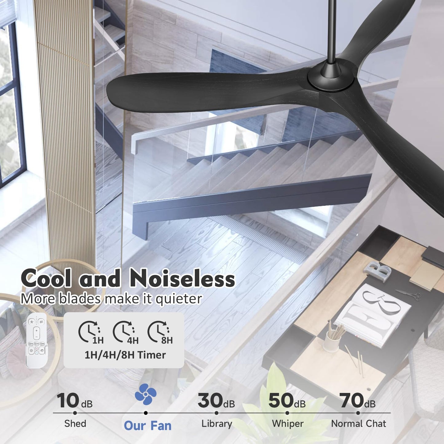 60 Inch Damp Rated Outdoor Ceiling Fan with Light, for Patio and Covered Porch - Quiet Energy Efficient DC Motor, 3 Black Wood Blades Rustic Farmhouse Style, Dimmable for Indoor Living Room, Bedroom