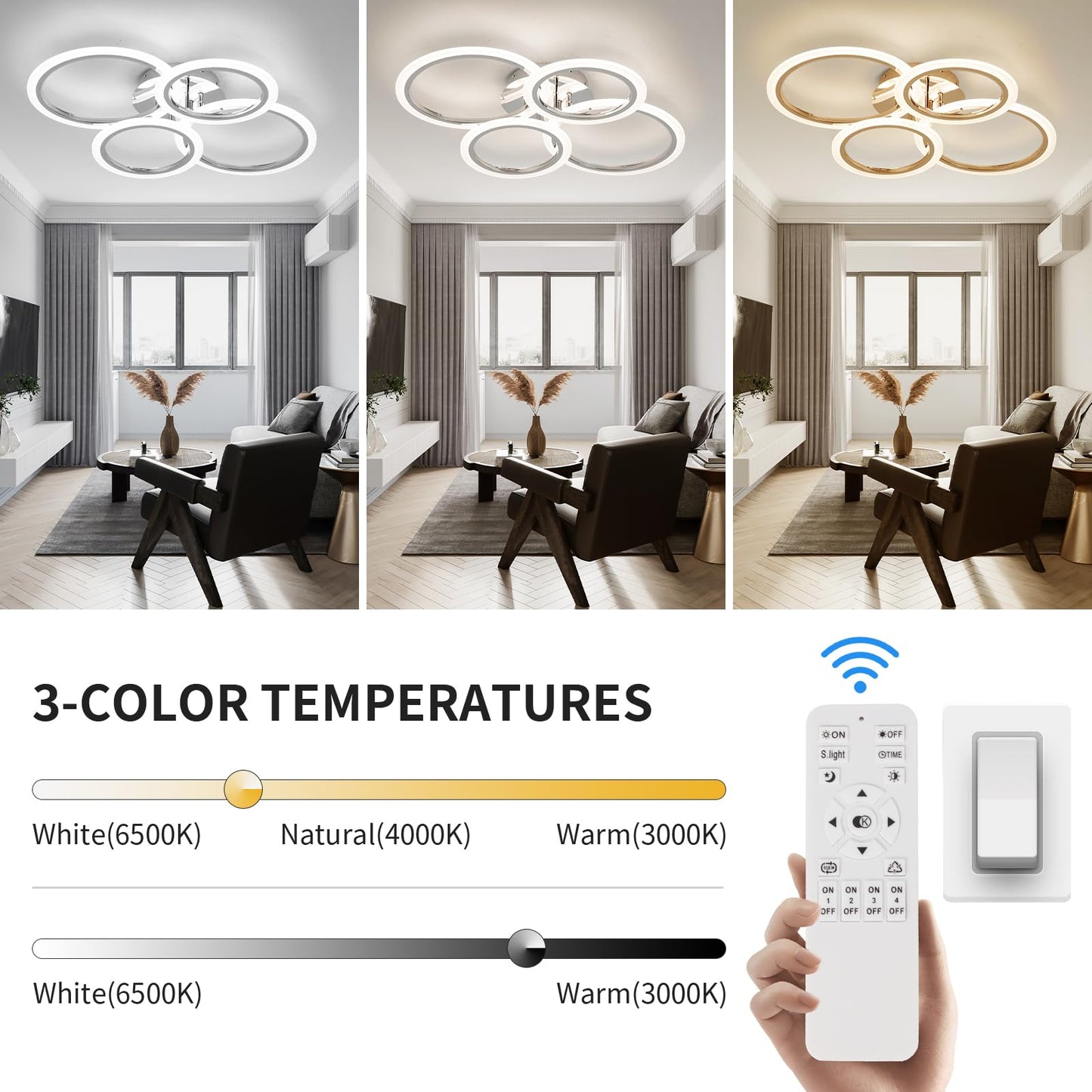 Vloitgol Modern LED Ceiling Light Fixture, 4 Rings Dimmable Flush Mount Ceiling Light with Remote, Acrylic Close to Ceiling Lighting Fixture for Low Ceiling Living Room Bedroom Kitchen (4 Heads)