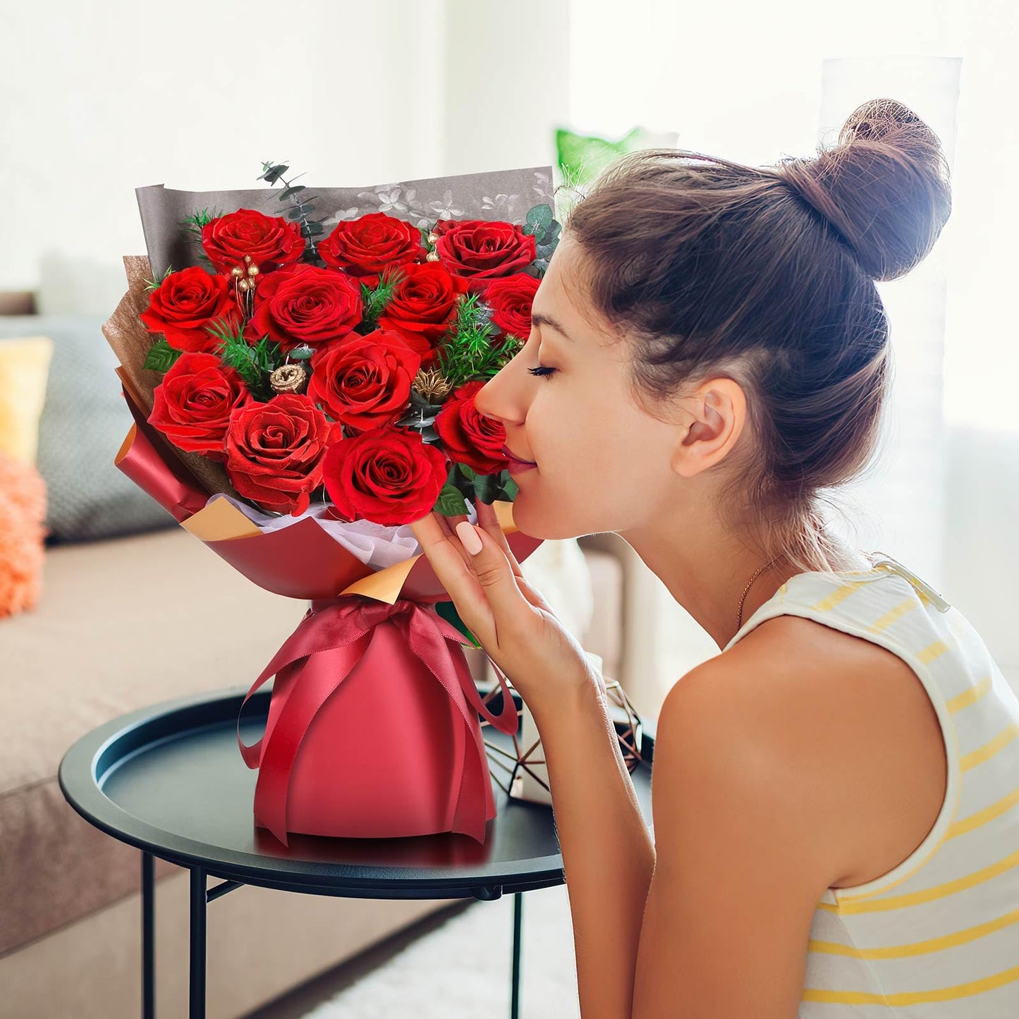 ADDWel Preserved Red Rose Bouquet – Real Long-Lasting Flowers Gift for Wife, Girlfriend, Mom – Romantic Anniversary, Birthday, Graduation Gifts for Her