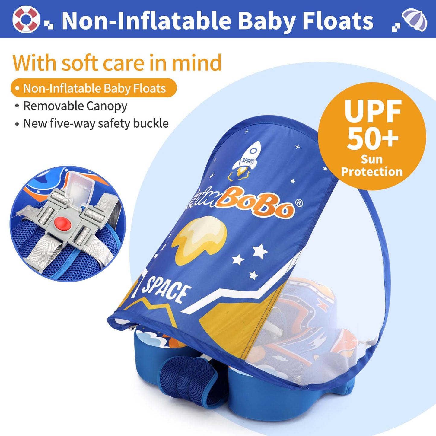 Swimbobo Baby Floats for Pool with Canopy Non Inflatable Soft Skin-Friendly Fabric Material Infant Swim Float for Boys and Girls Swimming Pool Toys (Blue Spaceship)