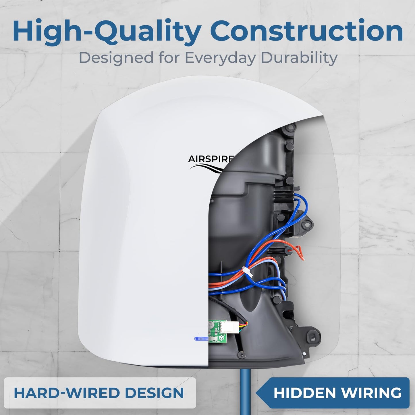 AIRSPIRE Electric Hand Dryer for Commercial Bathrooms & Home Use (110-120V) - Energy Efficient 1100W Automatic Hand Dryer - HEPA Air Filtration & UV Protection - Wall Mounted, 78 dB - Warm Air (White)