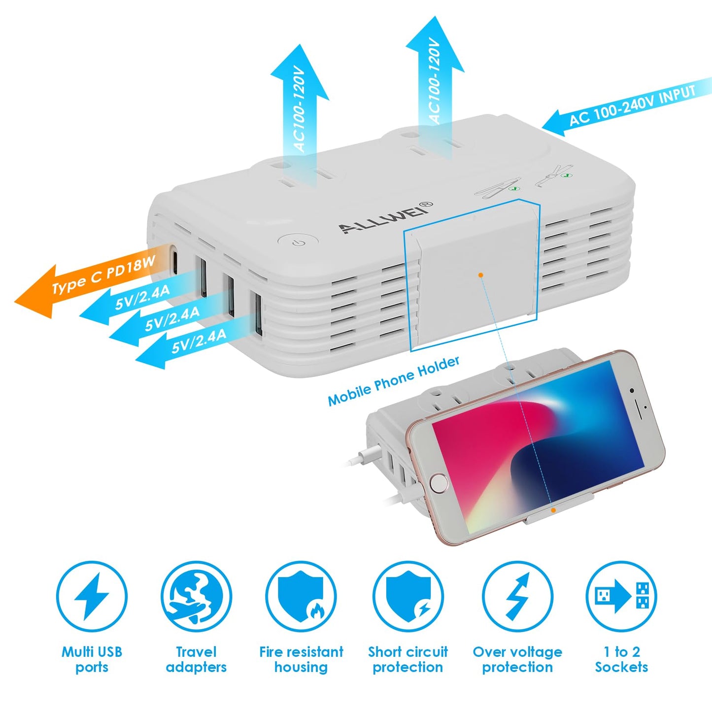 ALLWEI International Travel Adapter 220V to 110V Power Voltage Converter for Hair Straightener/Curling Iron, Universal Power Plug Adapter UK, US, AU, EU, IT, India (White)