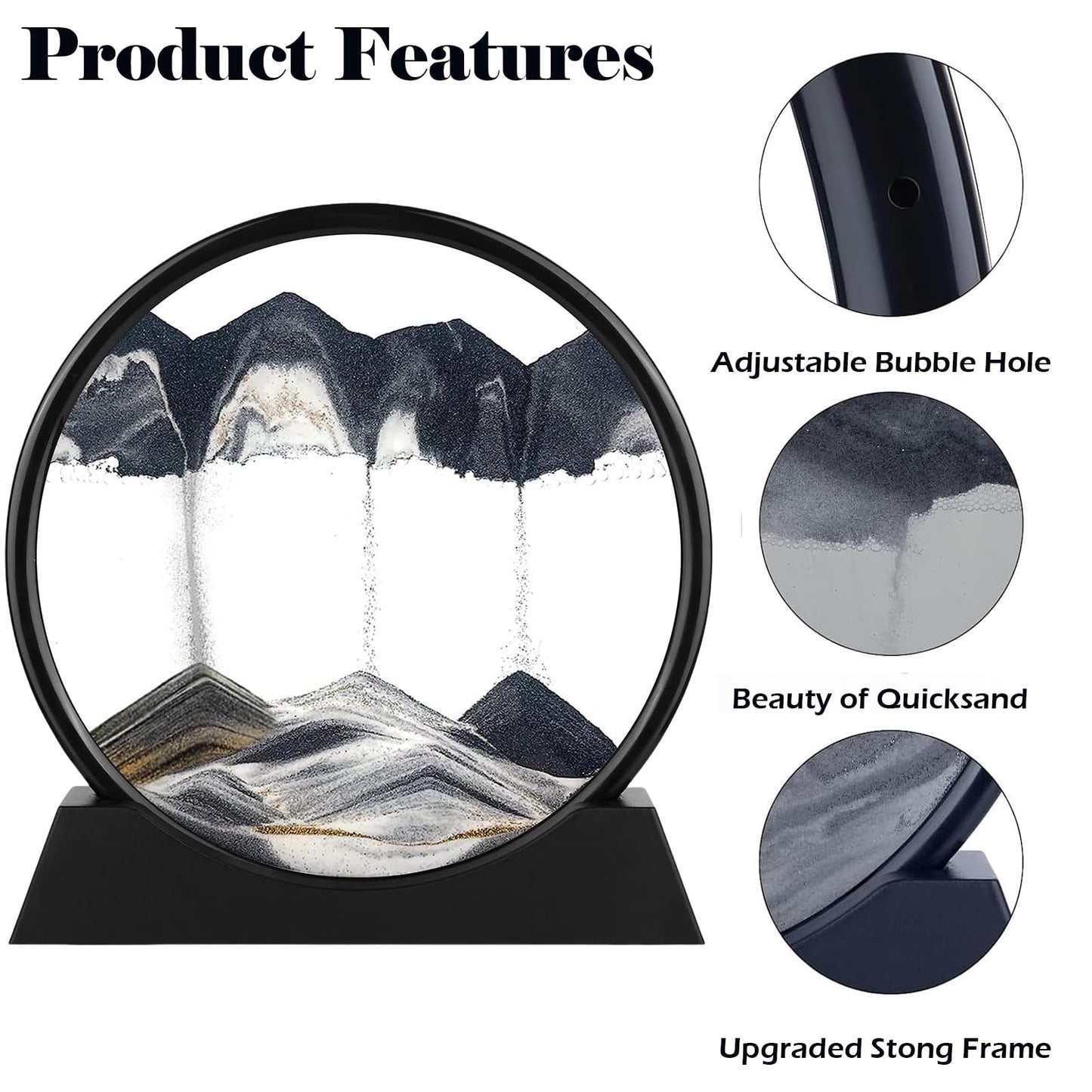 GEKETY Moving Sand Art Picture - Round Glass 3D Deep Sea Sandscape - 3D Quicksand Painting Décor - Relaxing Home Decoration Desk Toys for Office, Home, Desk, Mantle, Bookshelf - (Black, 12 in)