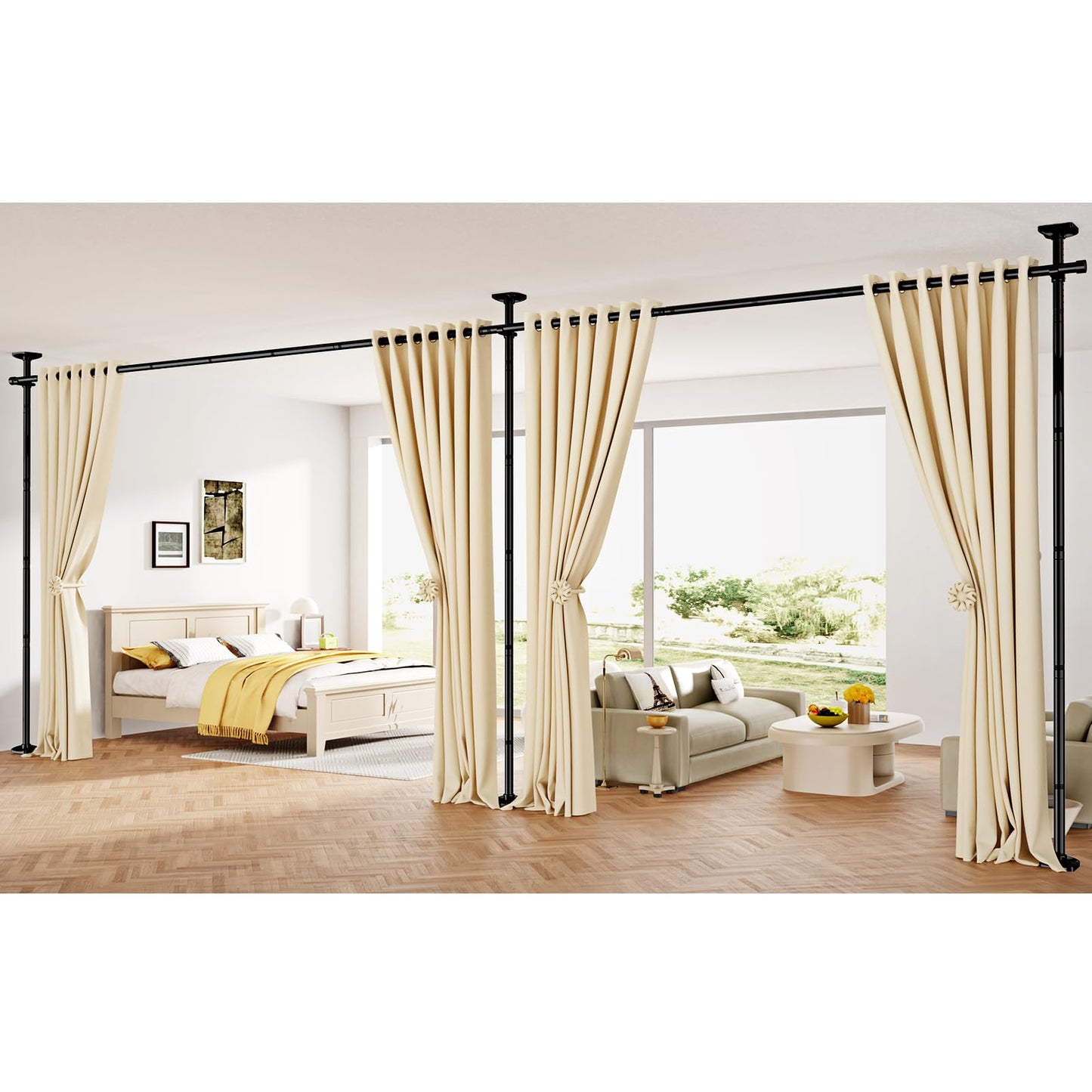 SUNALLY Room Divider Curtain Rod, No Drilling 4-10ft(H) 28-140inch(W) Adjustable Privacy Wall Divider for Room Separation, Heavy Duty Temporary Partition Space Separator Tension Rods, Black